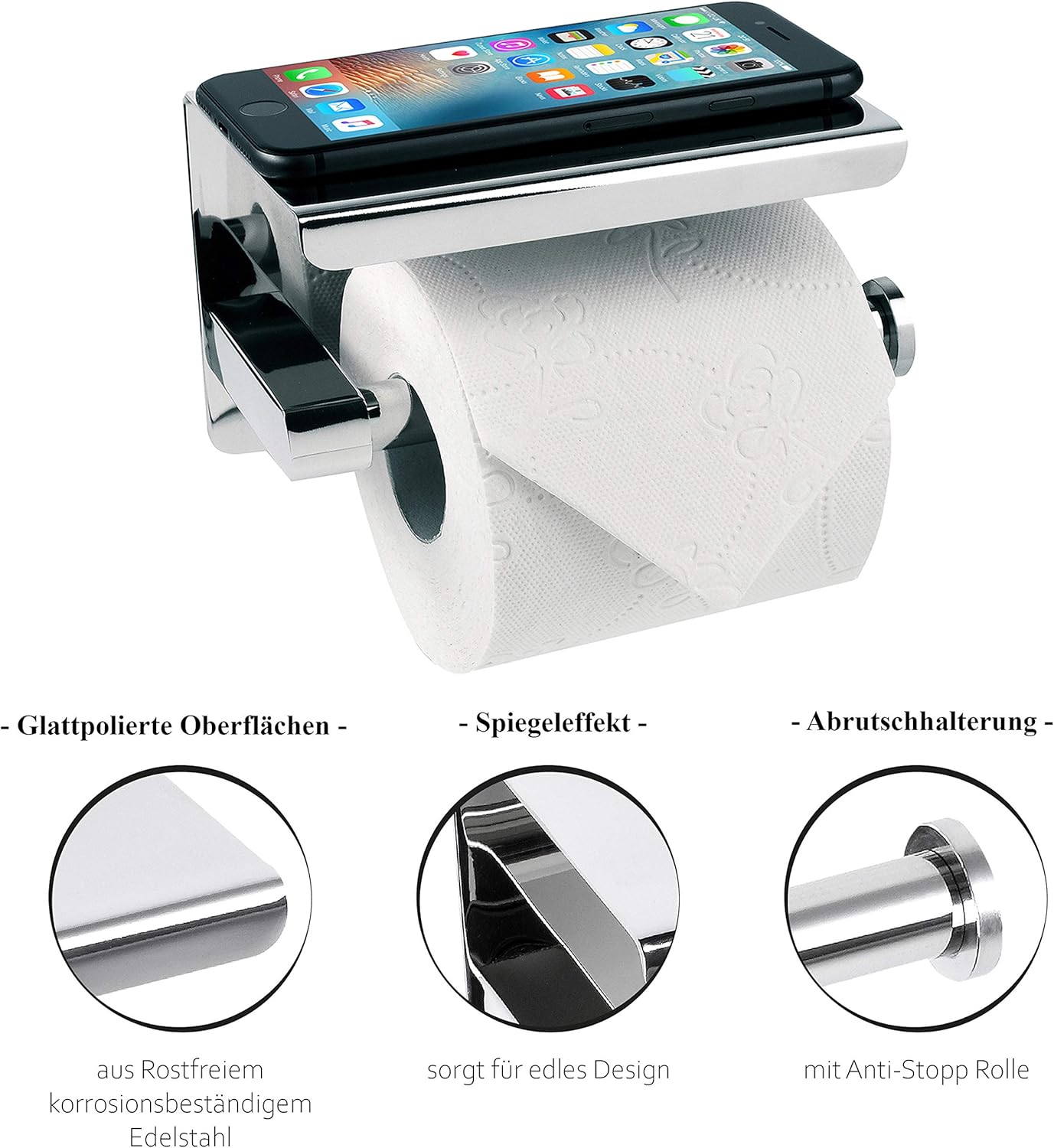 Selbstklebender Klopapierhalter mit Ablage, Chrome