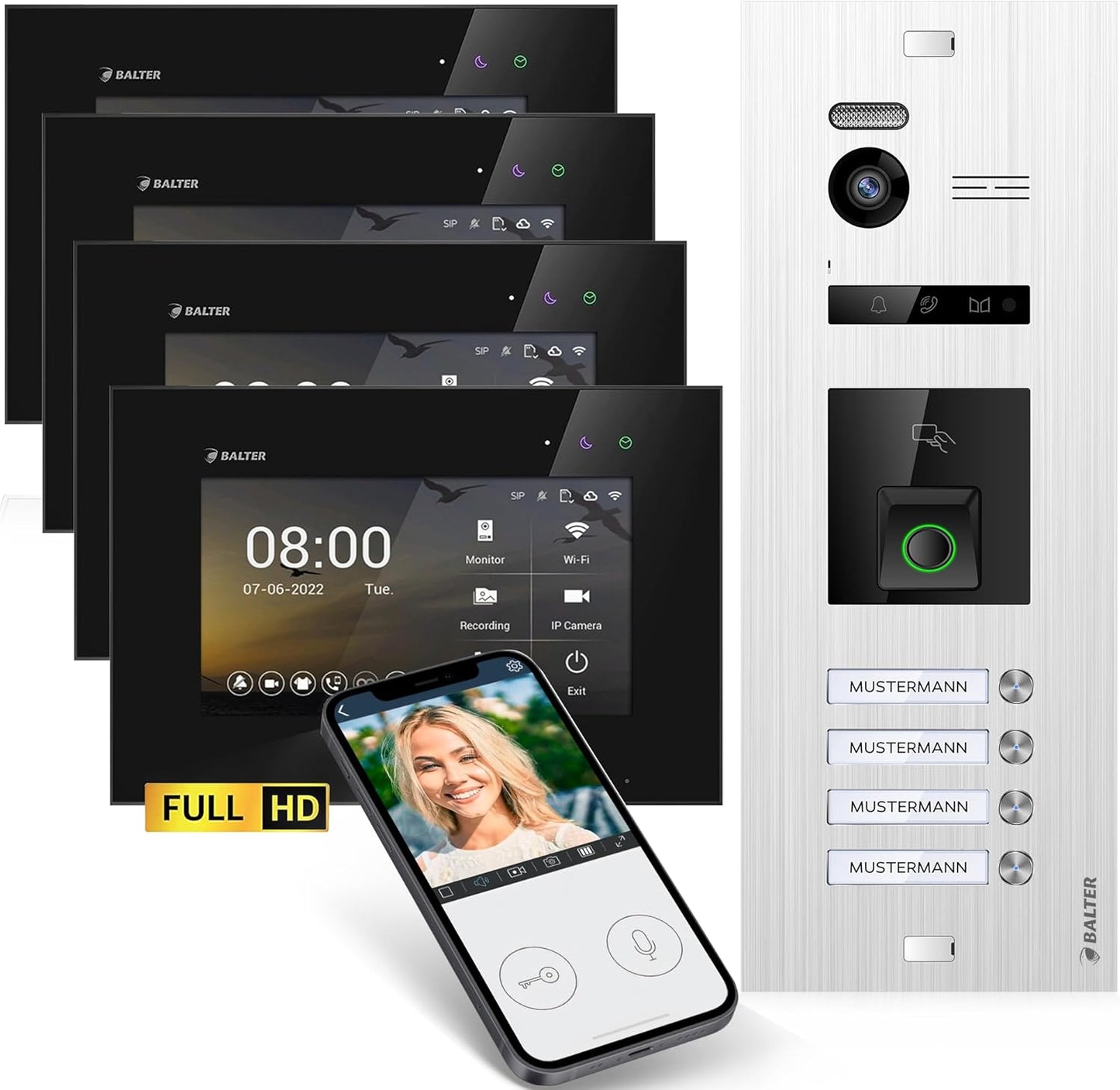 Video-Türsprechanlage mit Fingerprint, 4 Monitore, Mit App D.silber/Schwarz