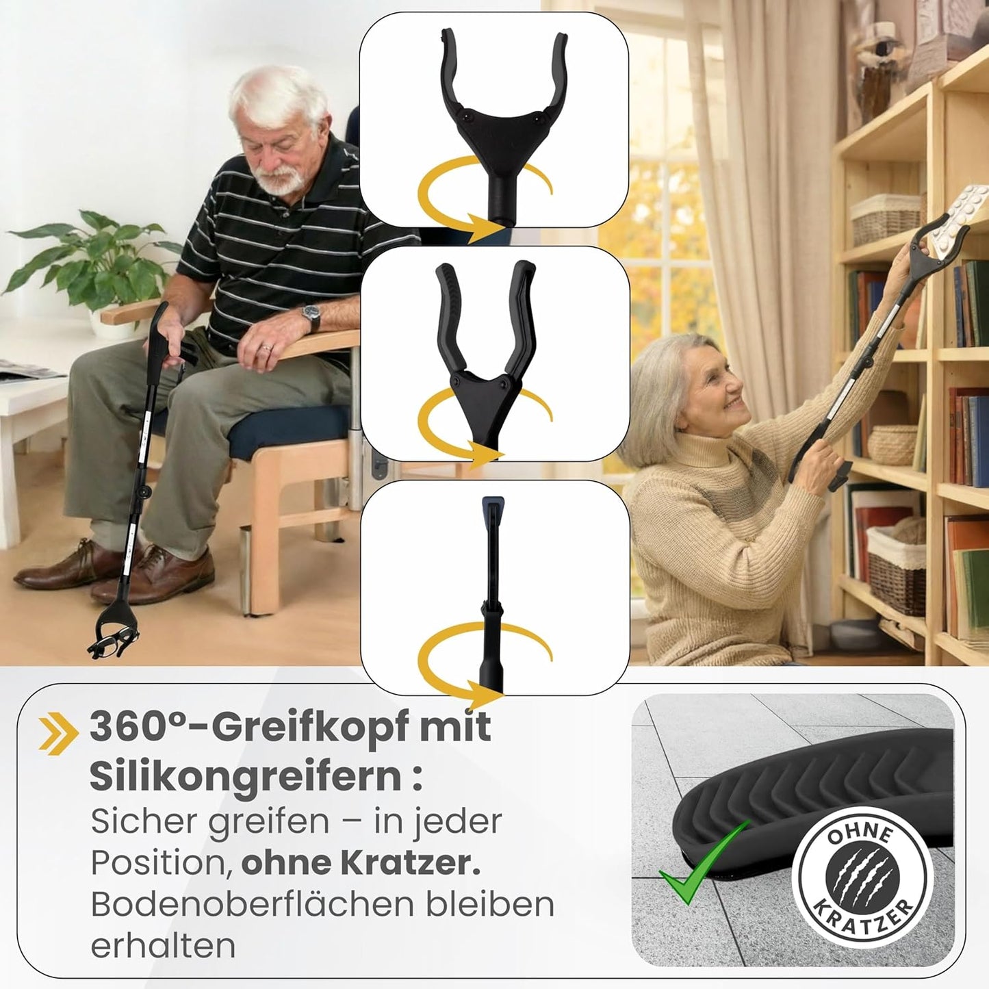 Faltbare Greifzange mit 360° Drehkopf und Magnet, Schwarz Schwarz