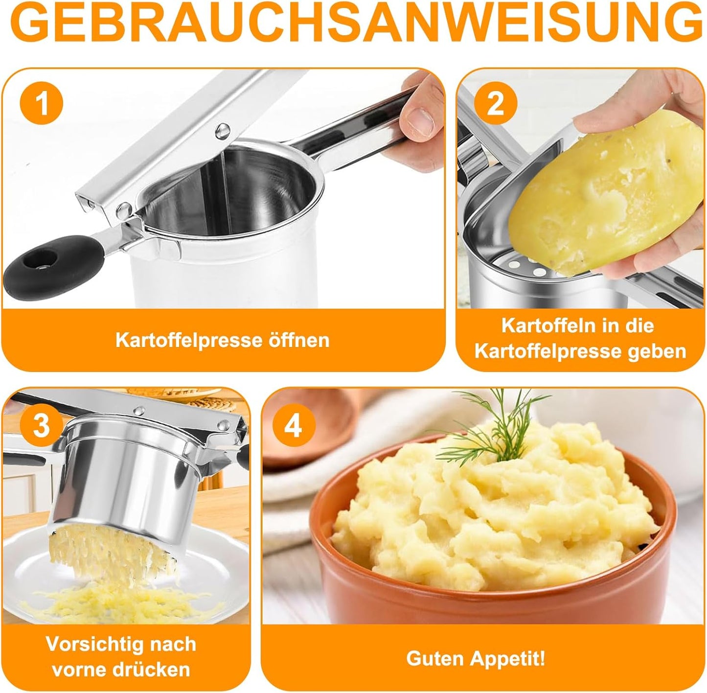 Kartoffelpresse mit 4 Schneidplatten und Zubehör