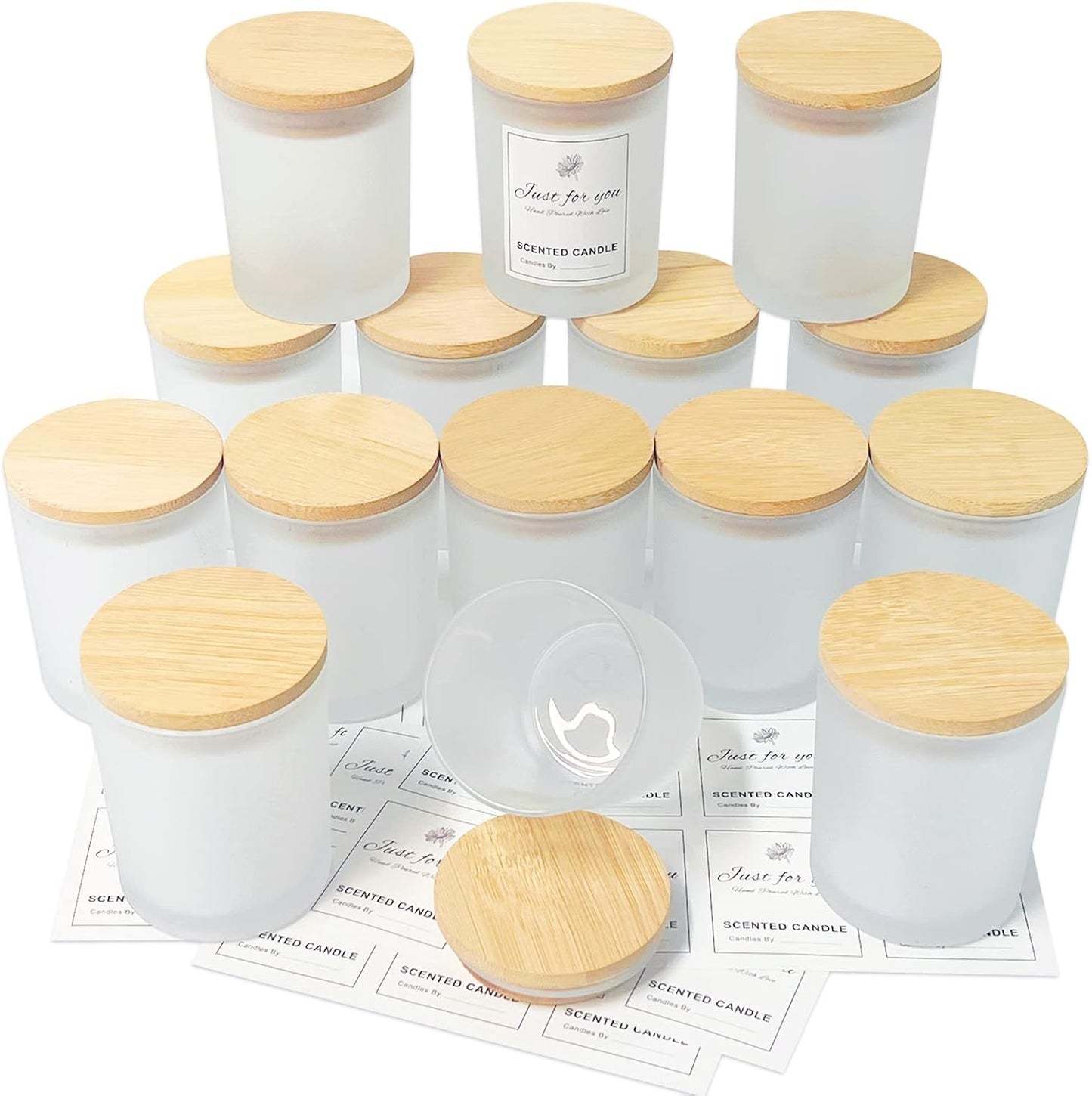 15er Set Kerzengläser mit Bambusdeckeln, Milch
