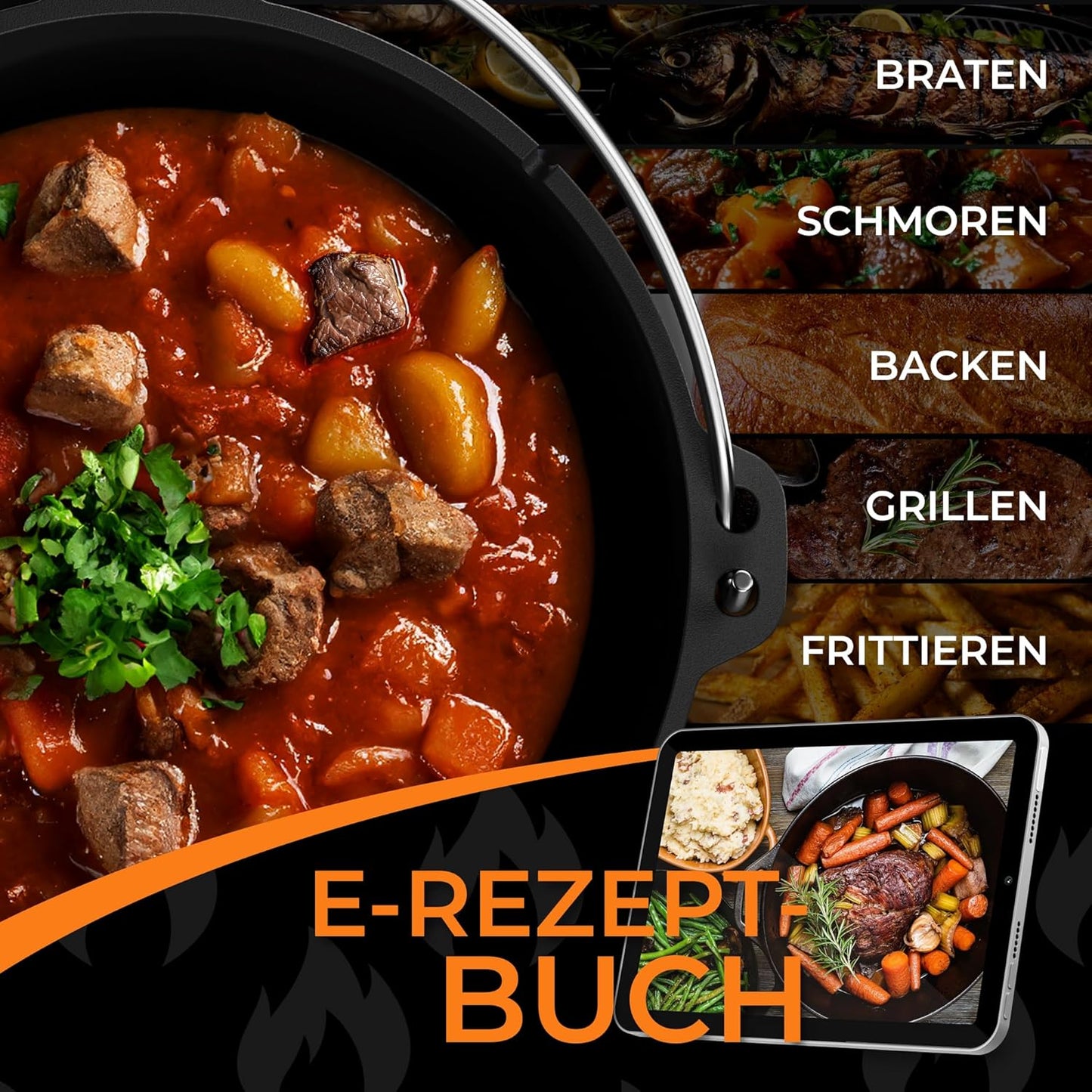 Gusseiserner Dutch Oven 9L mit Füssen & Deckelheber, mit Füssen 9 Liter