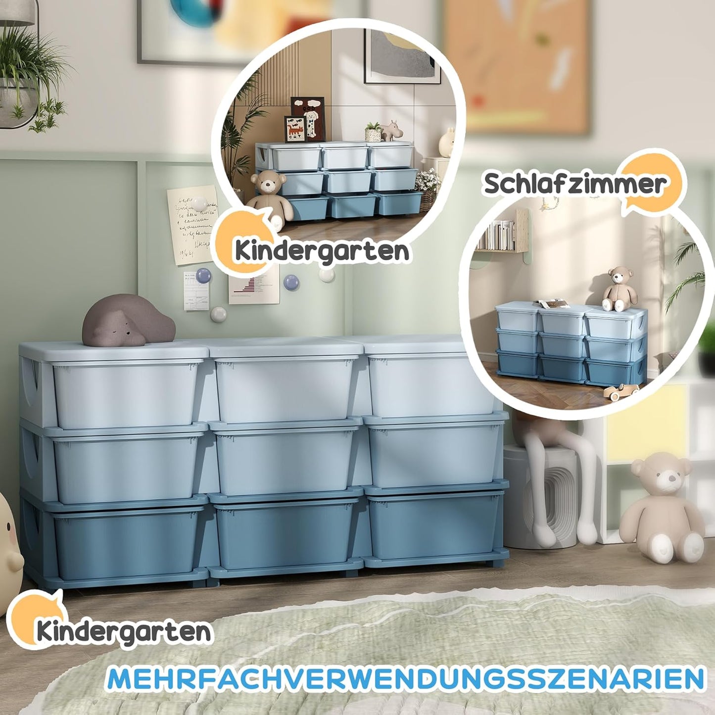 Spielzeug-Organizer mit Schubladen für Kinderzimmer, 113L x 37B x 56,5H cm Blau
