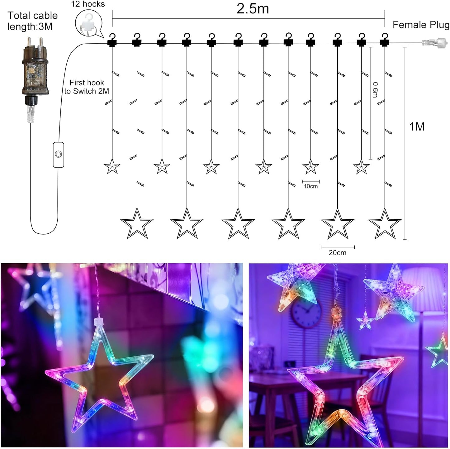 LED Sternenvorhang 3M mit Timer und Fernbedienung, Bunt 12 Sterne