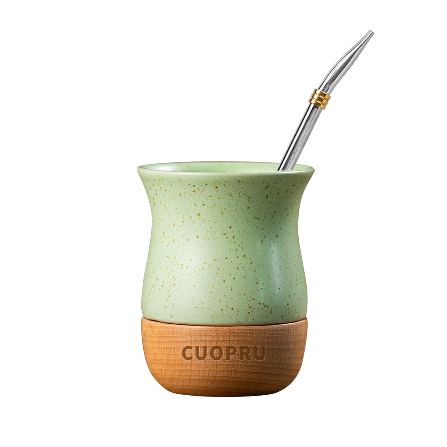 Yerba Mate Keramiktasse mit Holzsockel, Grün