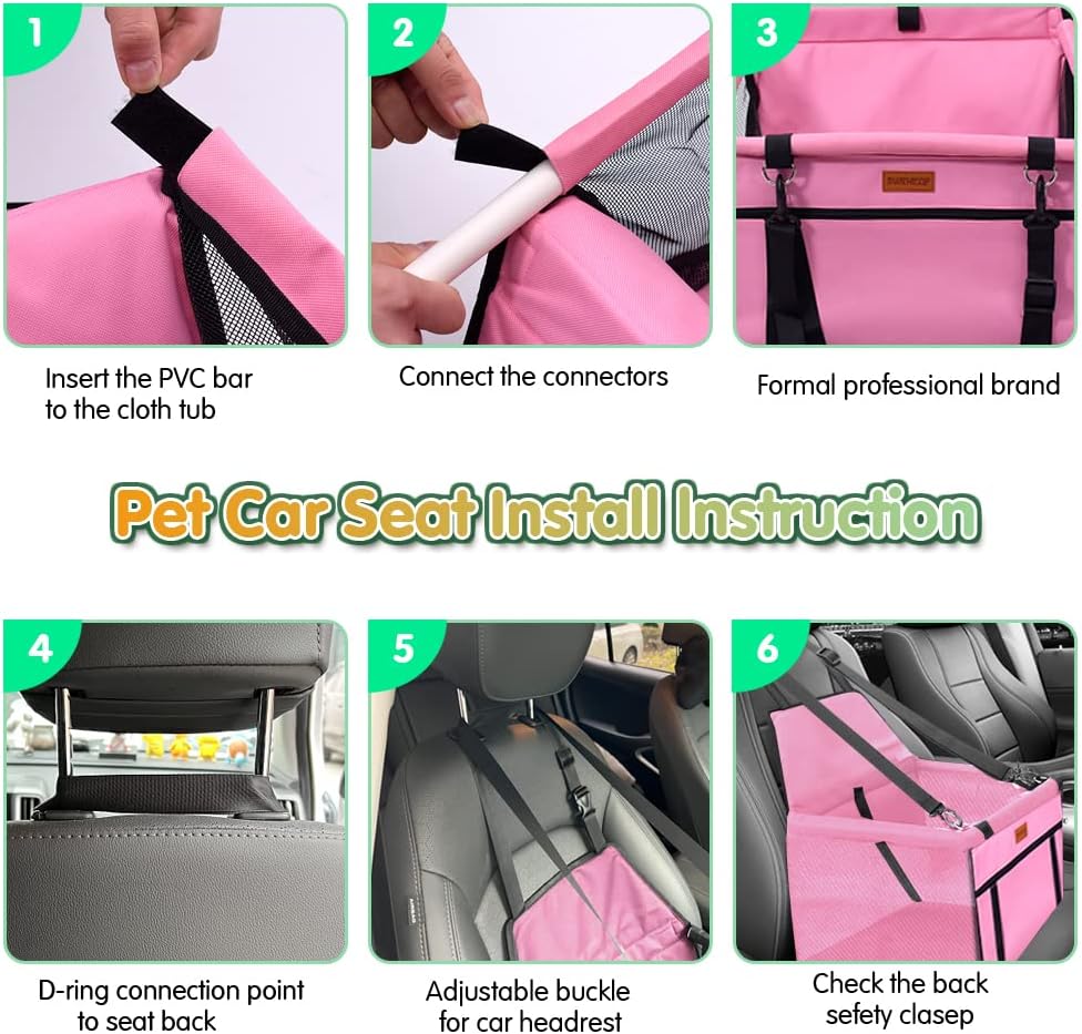 Hunde-Autositz mit Gurt für kleine Hunde, Rosa mit PVC-Rohr