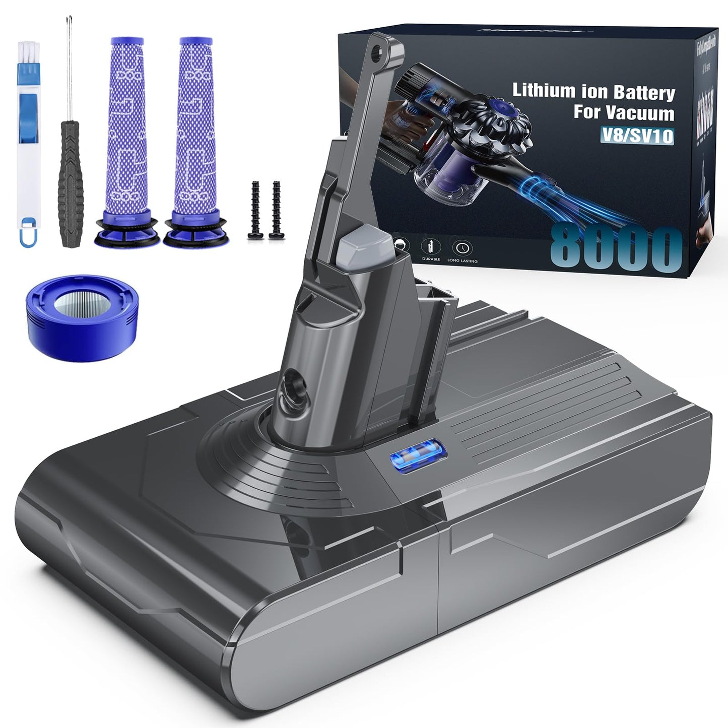 Ersatzakku für Dyson V8 Staubsauger, V8 8.0Ah + Filter