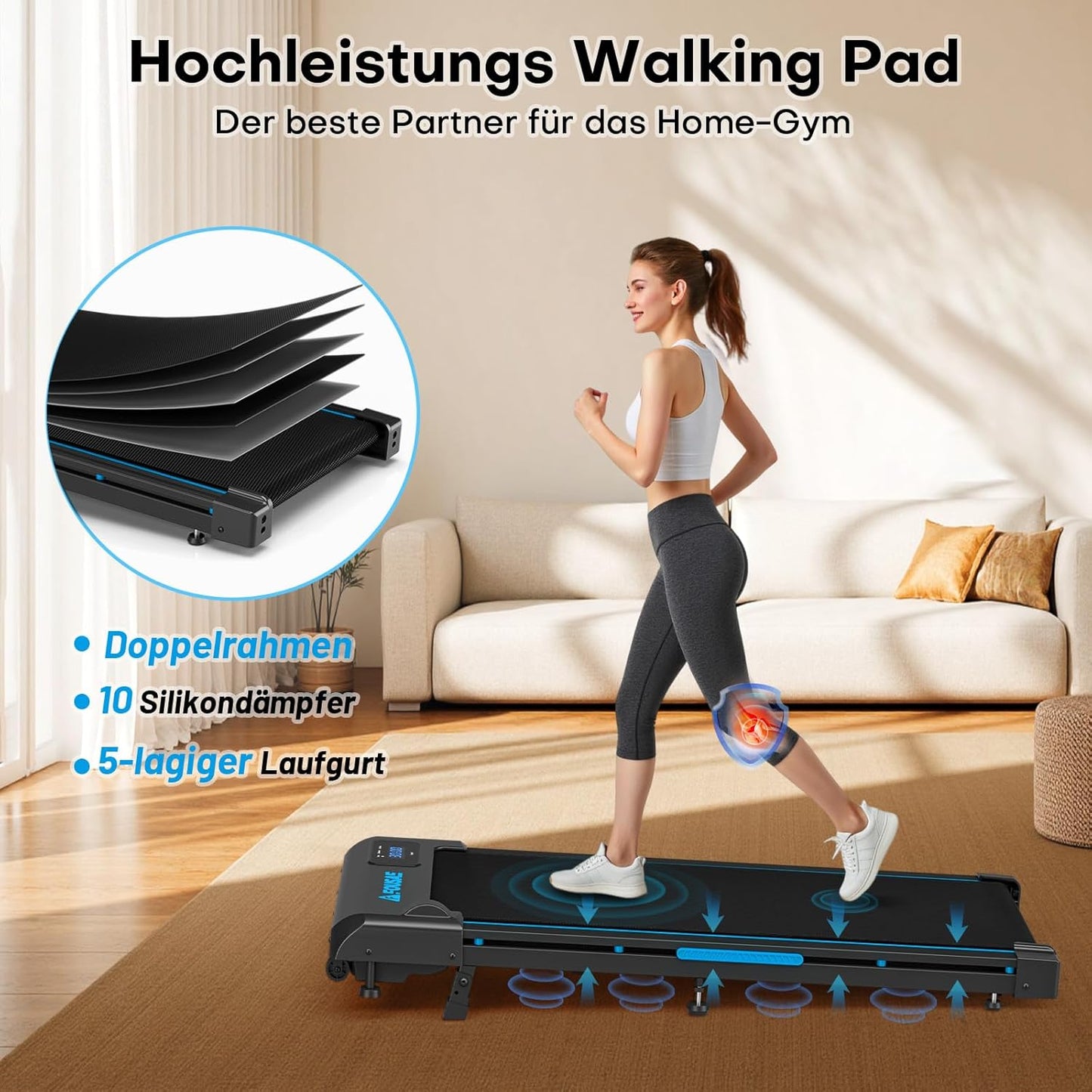 Walking Pad Laufband mit Steigung, Schwarz-Blau 4-in-1 mit Doppelter Stoßdämpfung