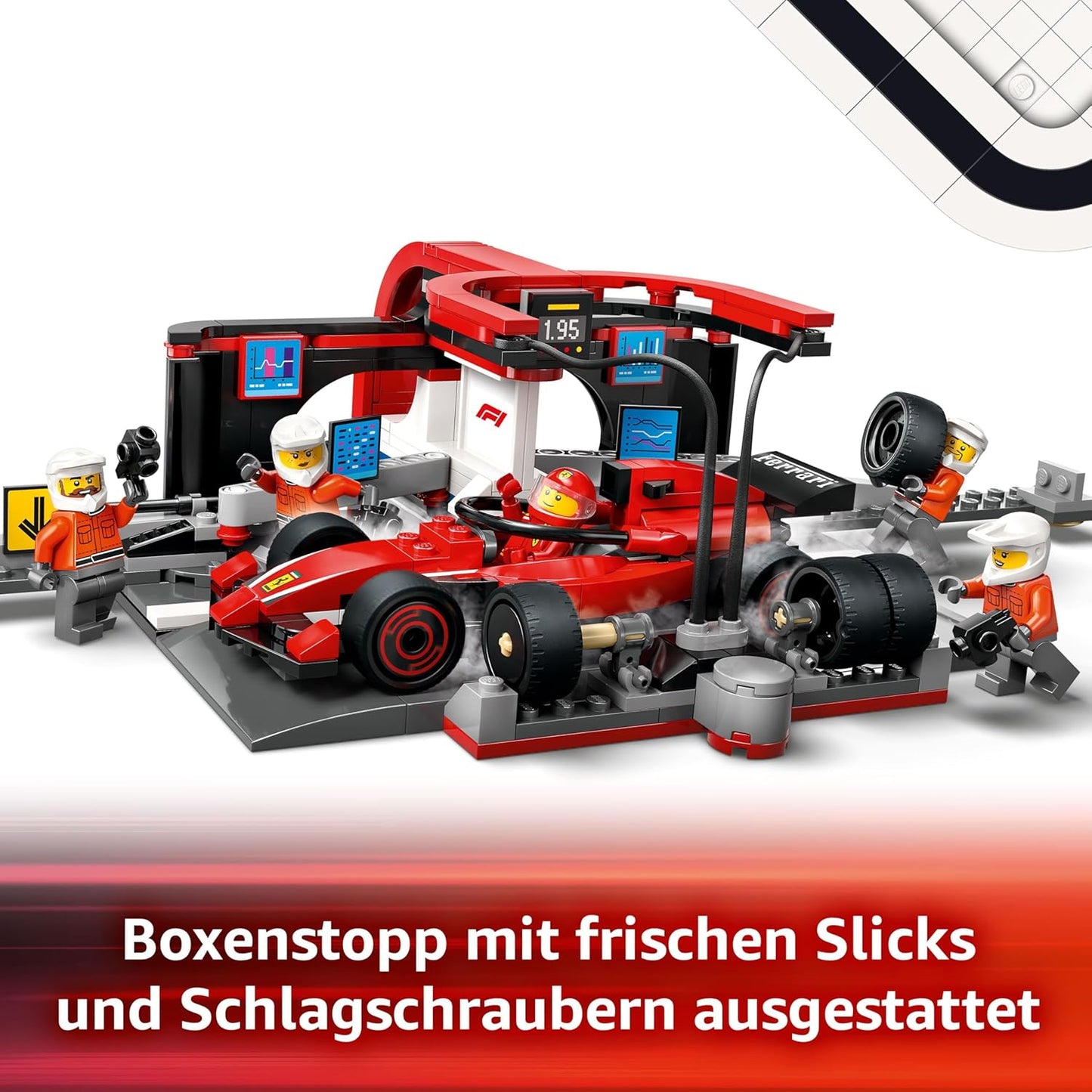 F1 Boxenstopp mit Boxencrew und Ferrari Flitzer