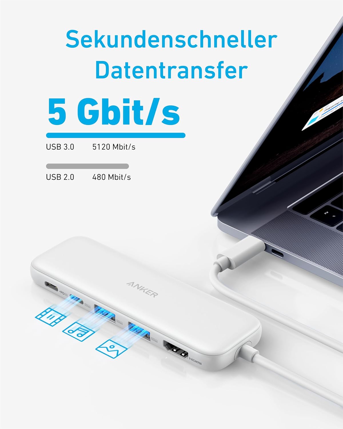 USB-C Hub mit 4K HDMI und 5Gbps Datenanschluss, Weiß