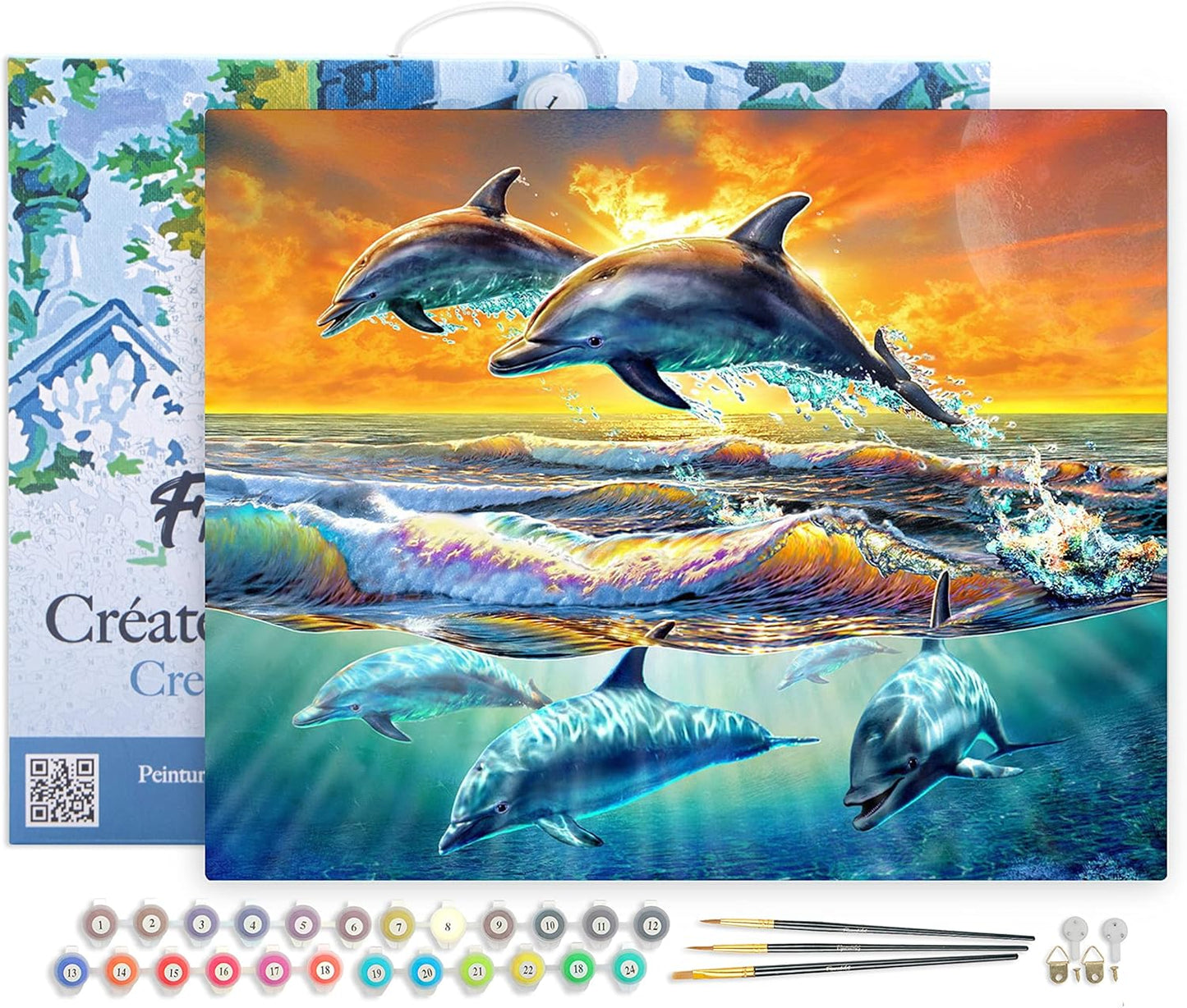 Malen nach Zahlen Set Delfine, Delfine im Sonnenuntergang 40x50cm Mit Rahmen (bereits gespannt)