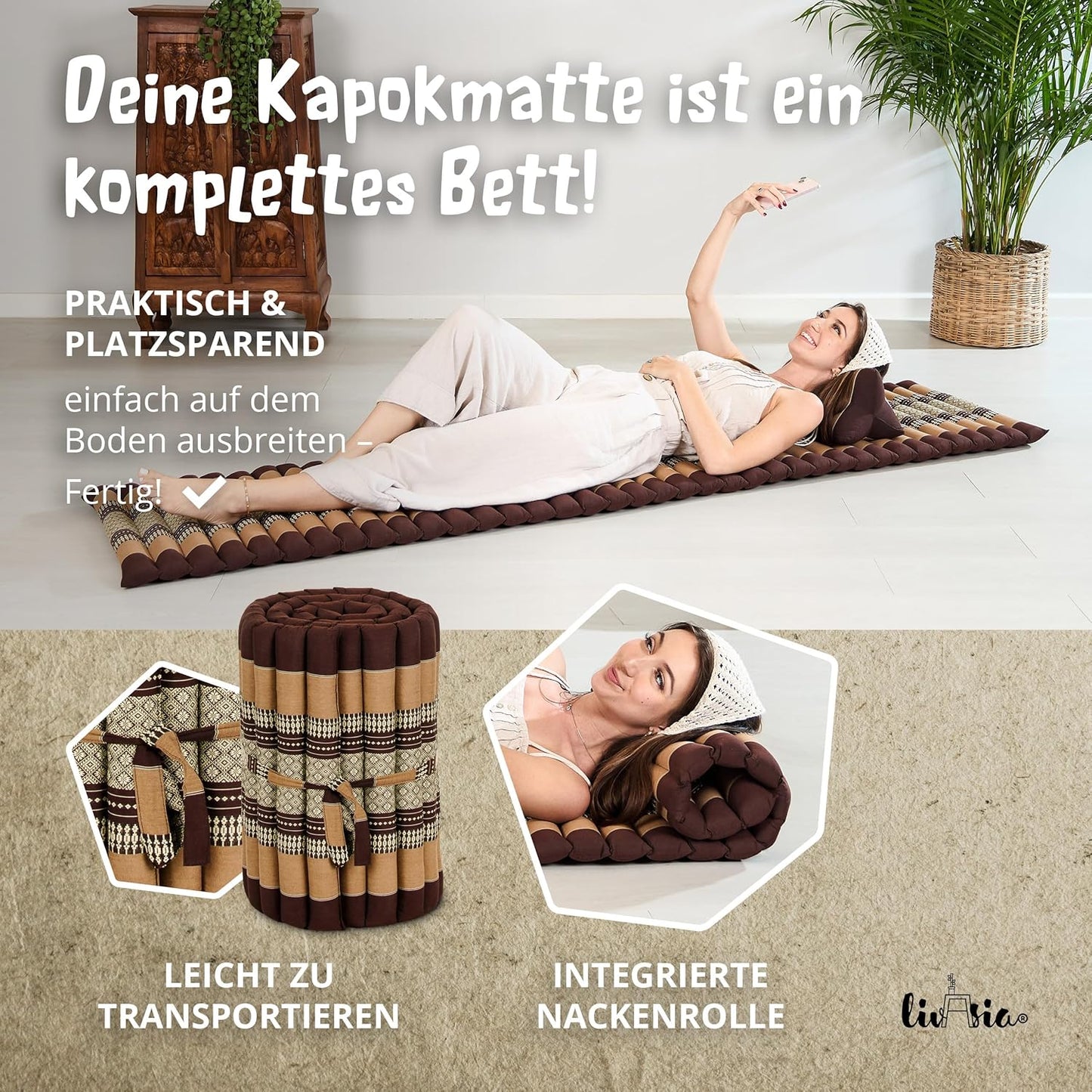 Rollmatte Rollmatratze für Gäste (200x50x4,5 cm), S (200 x 50 cm) Braun