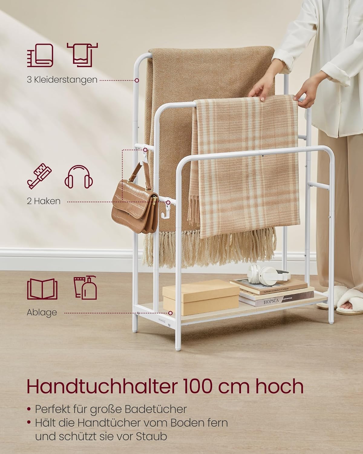 Handtuchständer mit 3 Stangen und Ablage, Wolkenweiss + Naturbeige