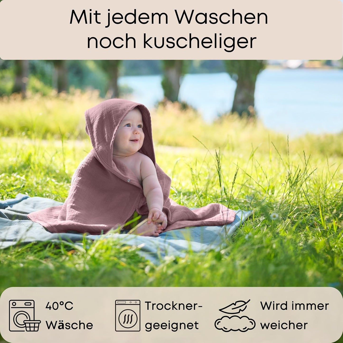 Baby Kapuzenhandtuch mit Anti-Rutsch-Knöpfen, 75x75 cm, Dusty Rose