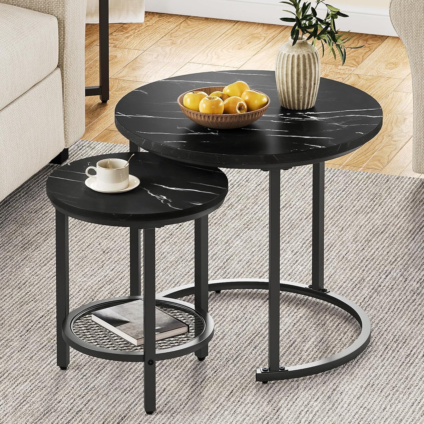 Rundes Couchtisch Set, Schwarz Mit Eisengitter