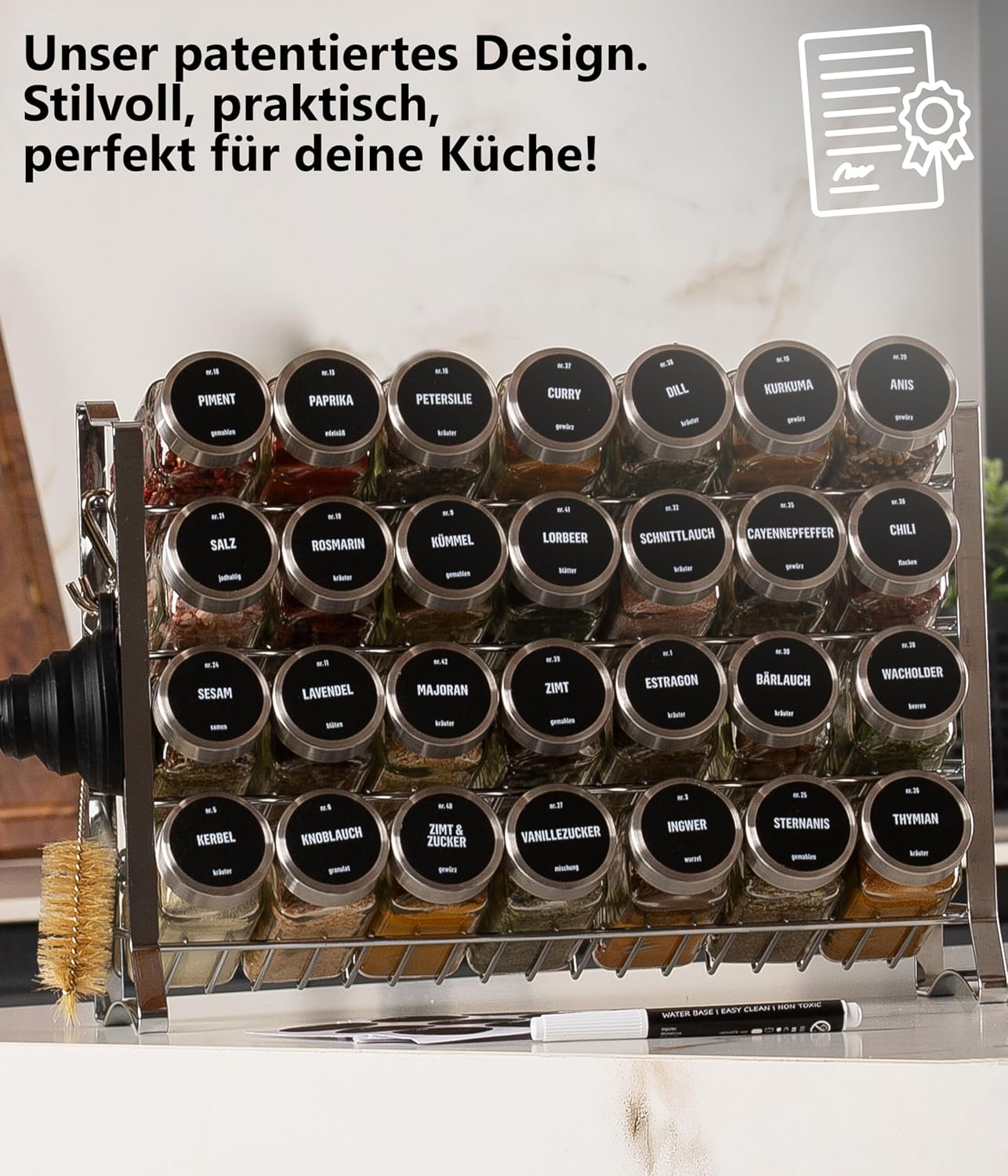 Gewürzregal mit Gewürzgläsern, Chrom, Deckel Edelstahl