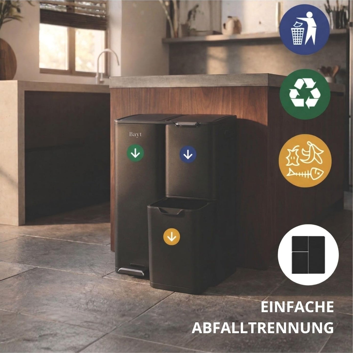 Mülltrennsystem mit 3 Fächern, Schwarz