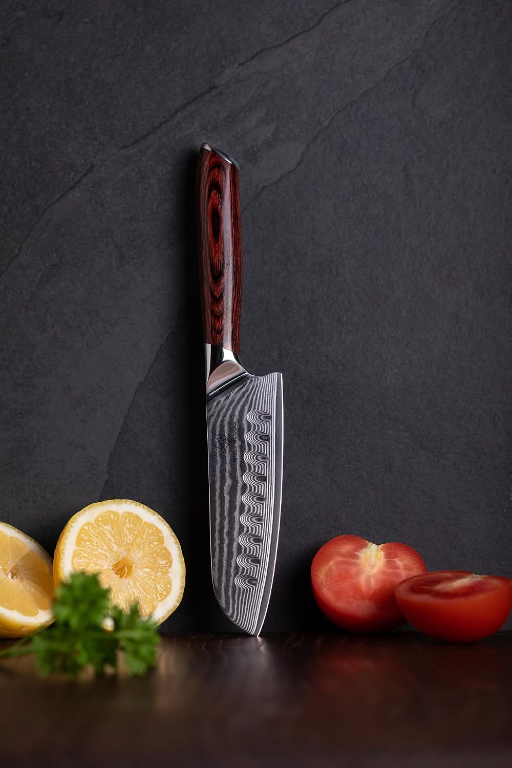 Damast Santokumesser mit Kirschholzgriff
