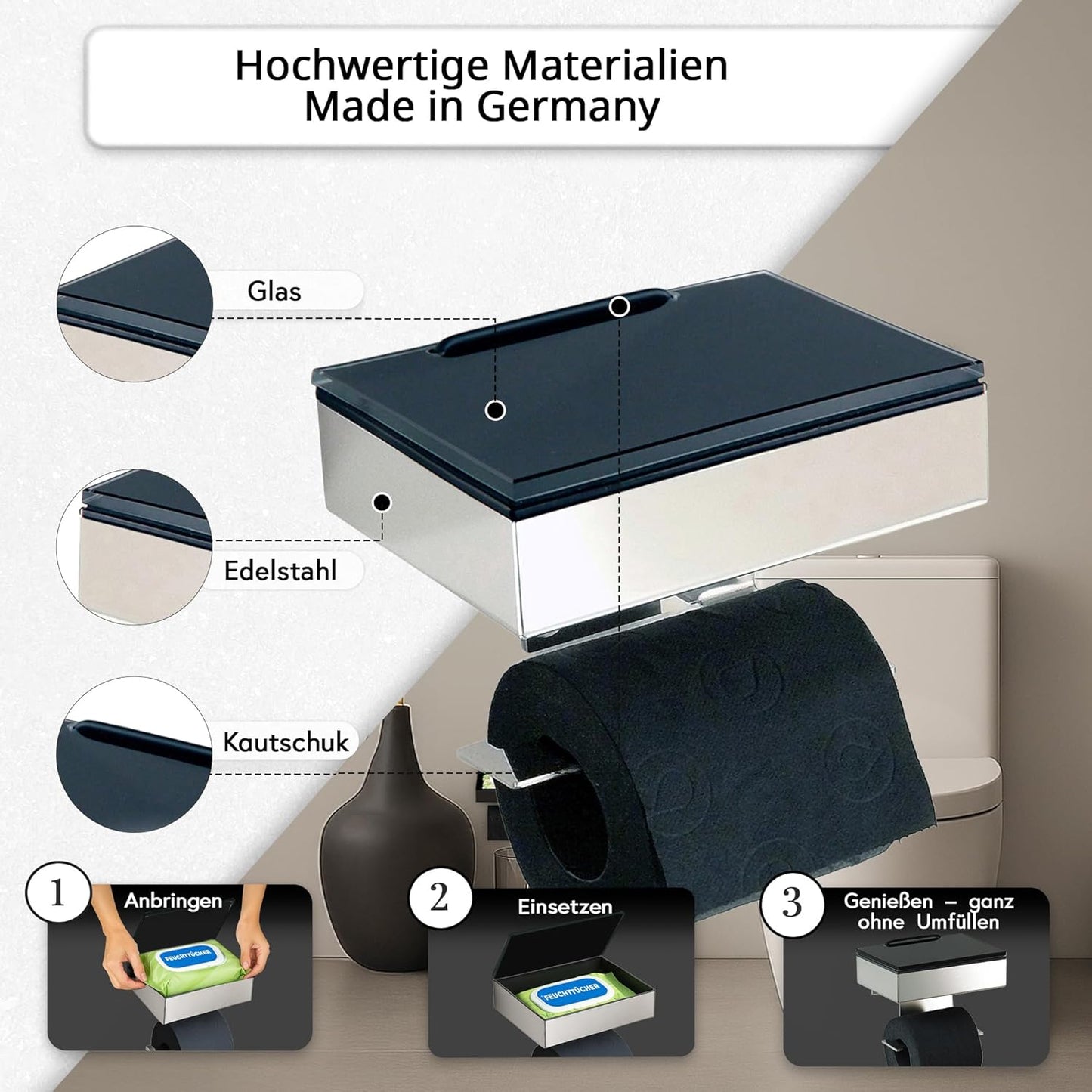 Toilettenpapierhalter mit Feuchttücherbox, Gehäuse Poliert Abdeckung Glas Schwarz-2 Befüllbar Von Lins