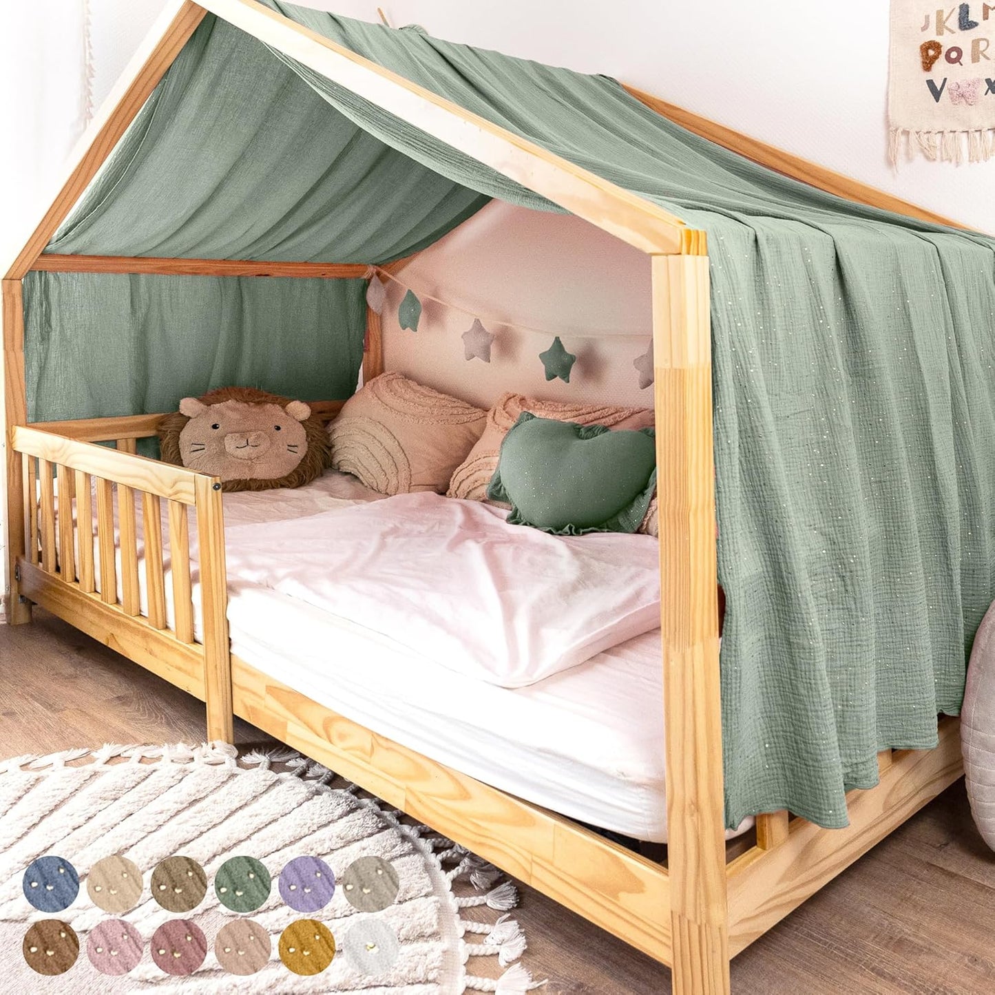Hausbett-Betthimmel, Eukalyptus mit Gold 135 x 420cm