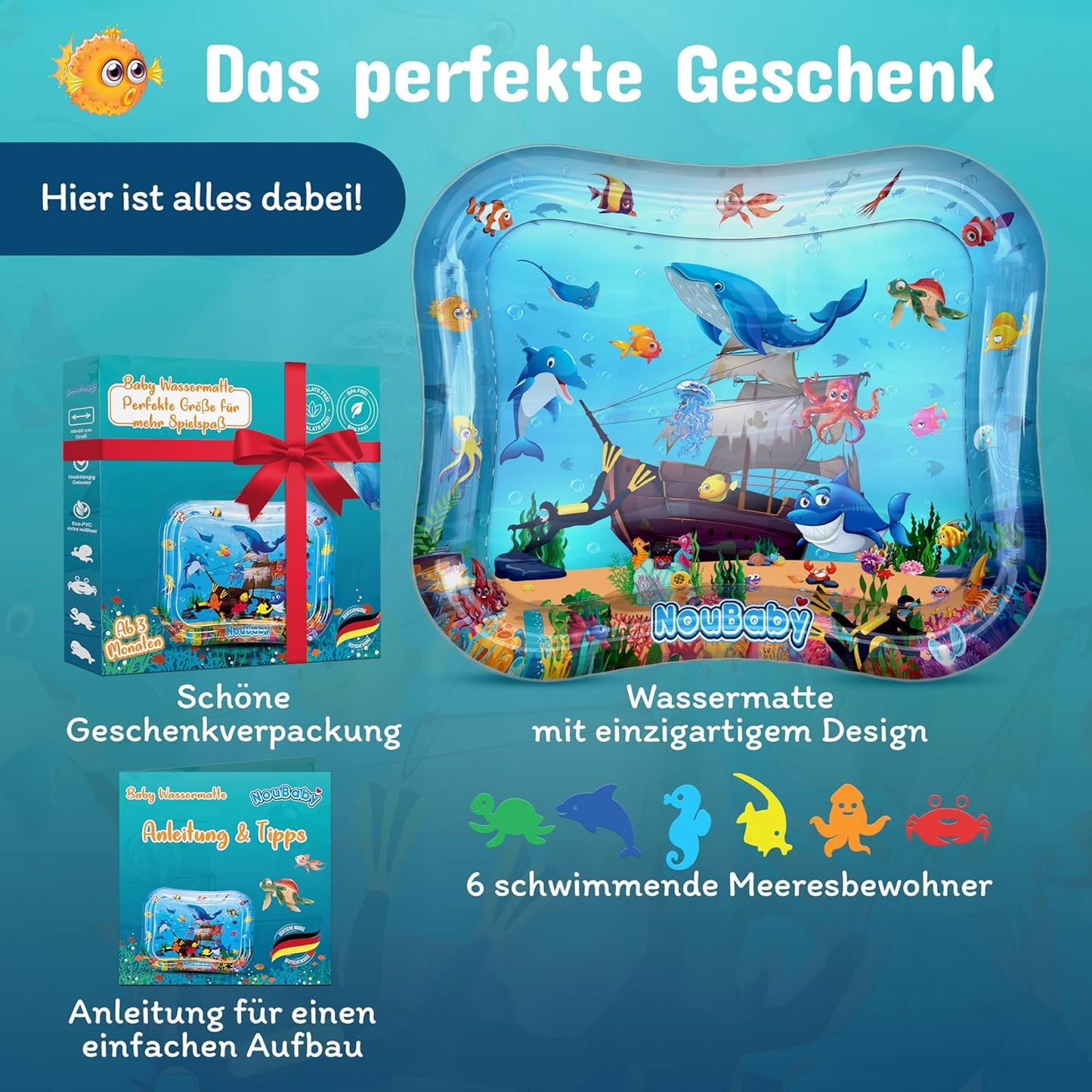 Wasserspielmatte Baby Spielzeug ab 3 Monaten (65x50 cm), Gross 65x50 CM