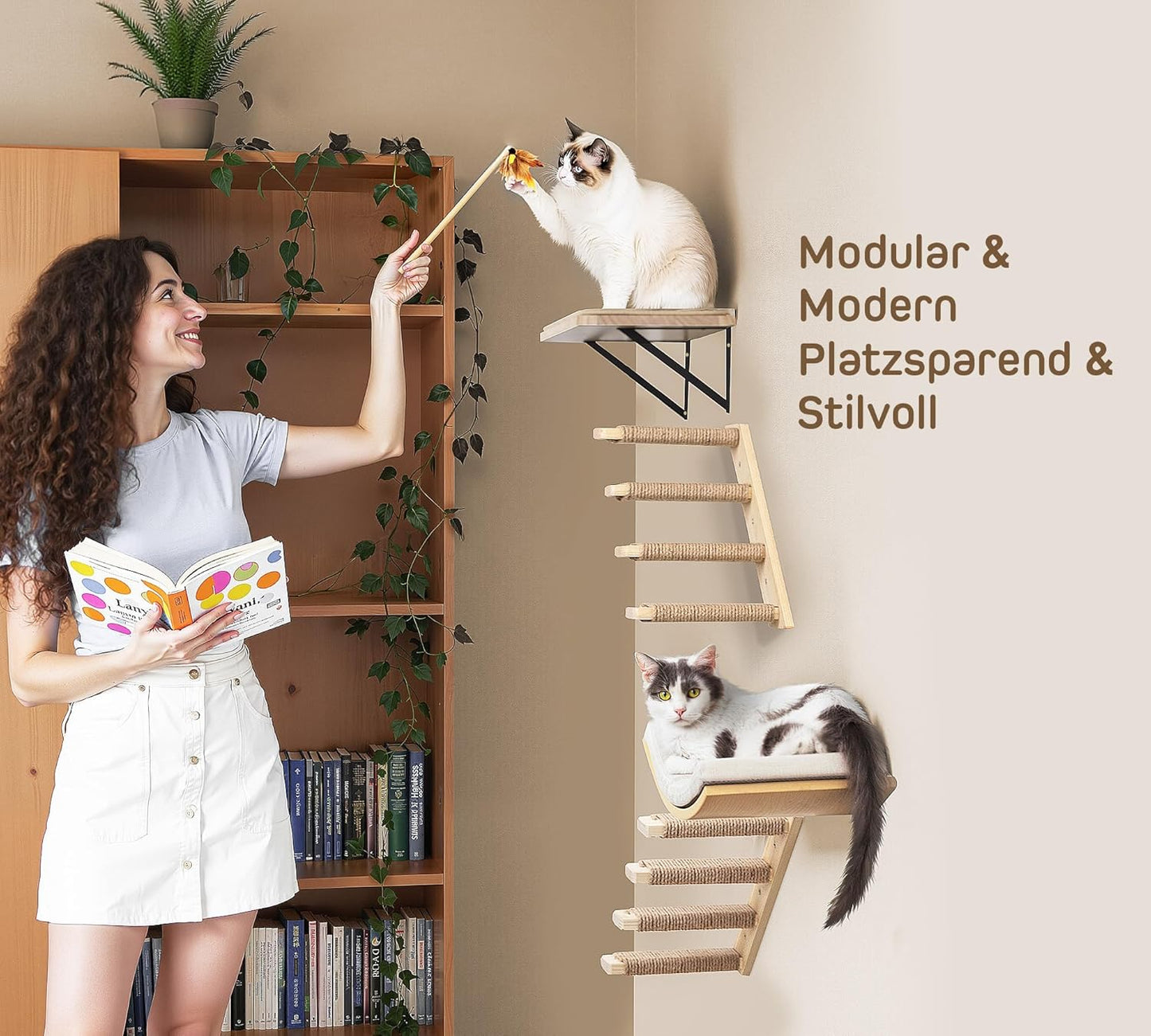 Katzen-Kletterwand-Set mit Plattformen und Treppen, Beige 2PC Pedal + 2PC Katze Wandregal