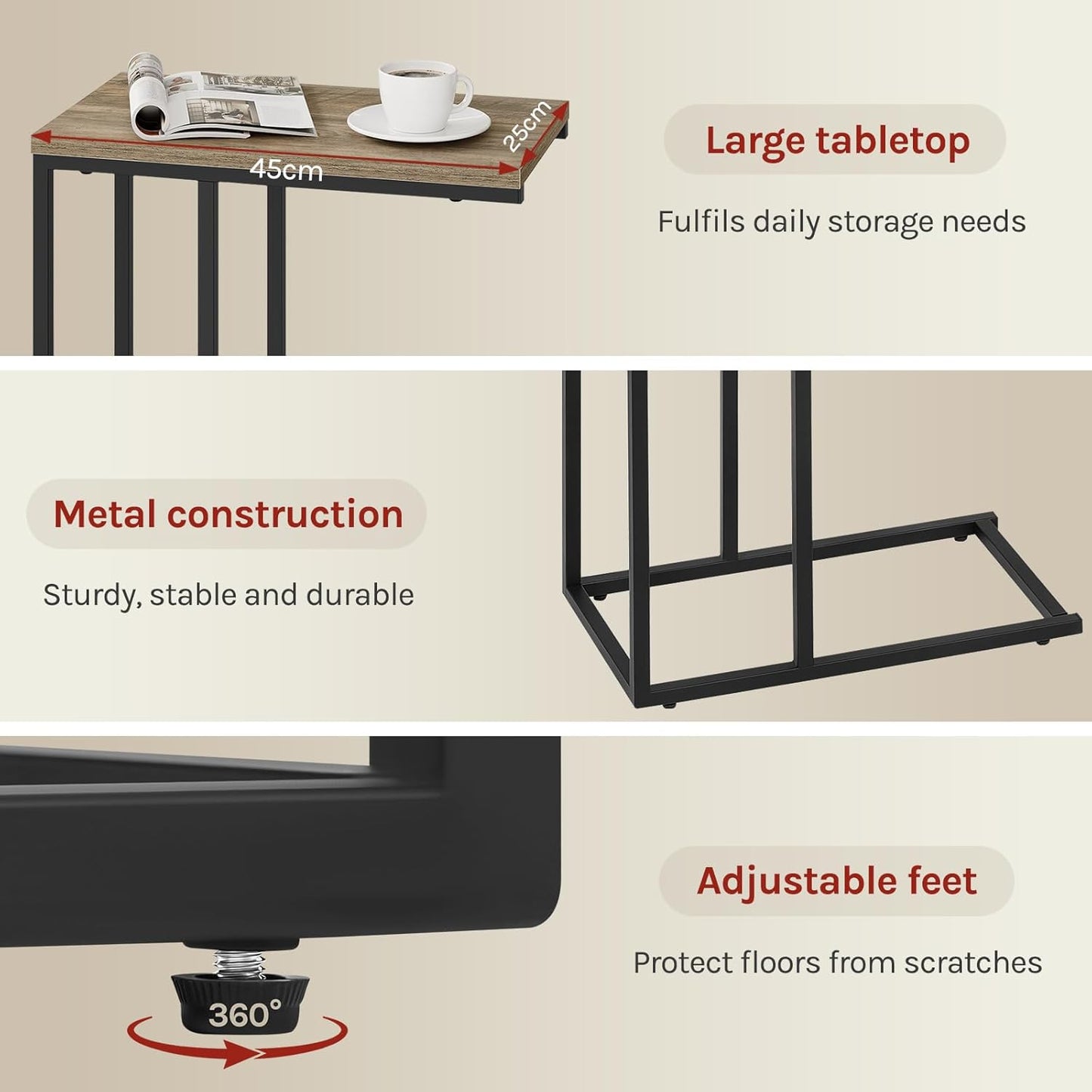 Beistelltisch in C-Form, 1er Set Graue Holzoptik