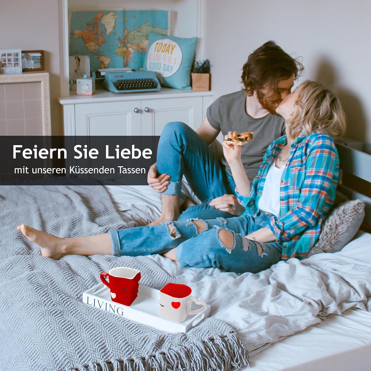 Küssende Tassen Set für Hochzeiten & Geschenke, Rot