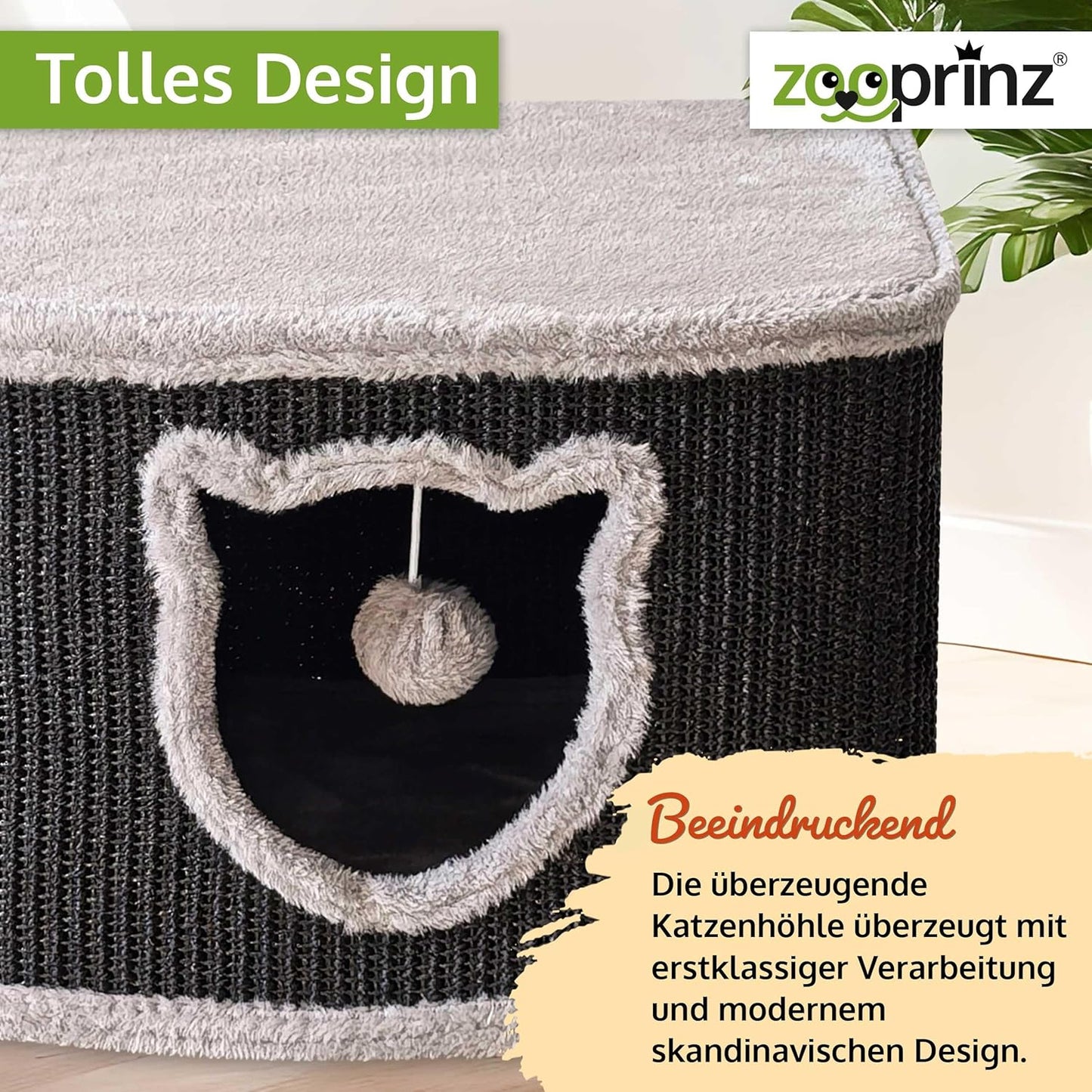 Premium Katzenhaus mit Sisalwänden und Plüsch, Schwarz