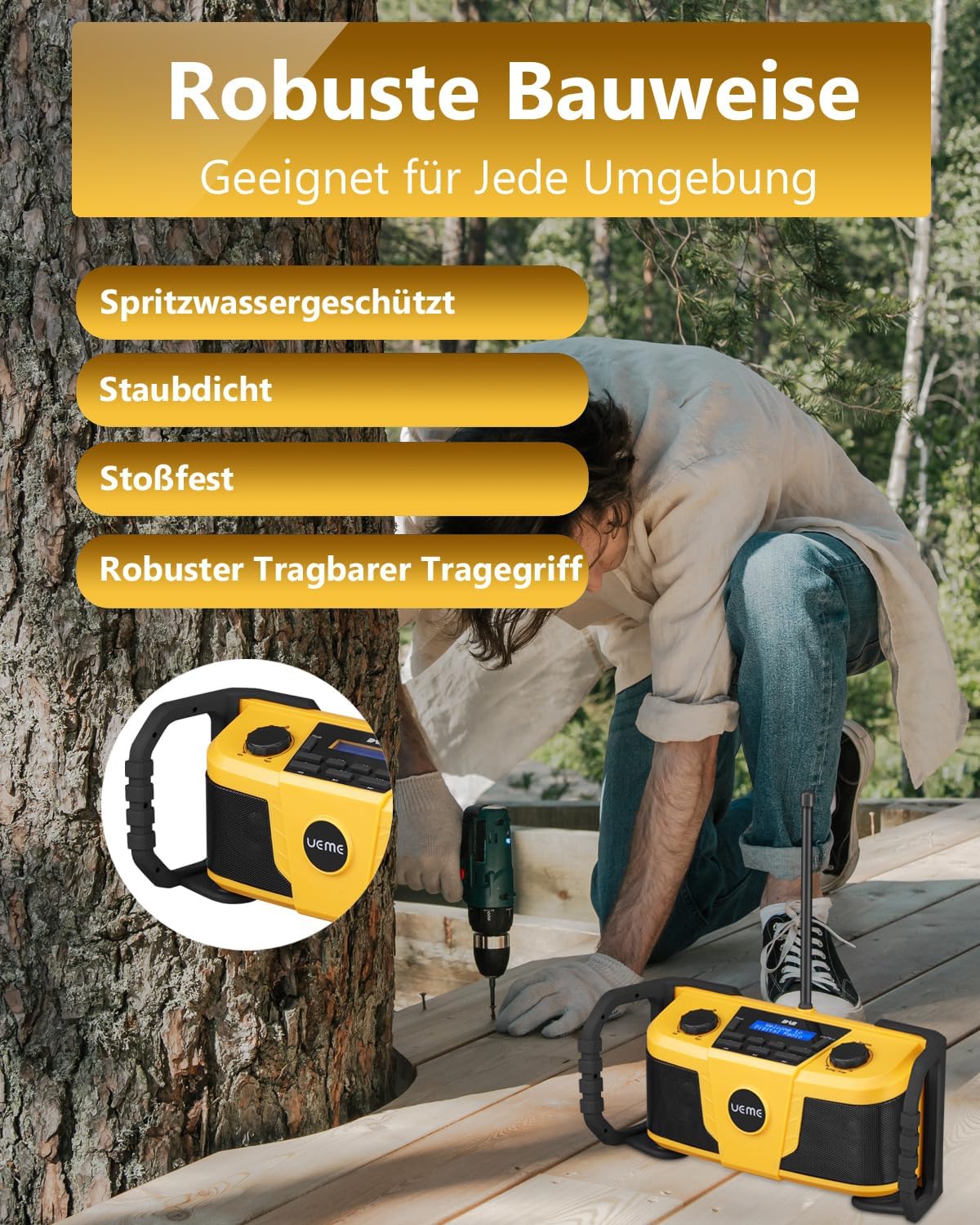 Baustellenradio mit DAB+ und Bluetooth, Gelb-Schwarz