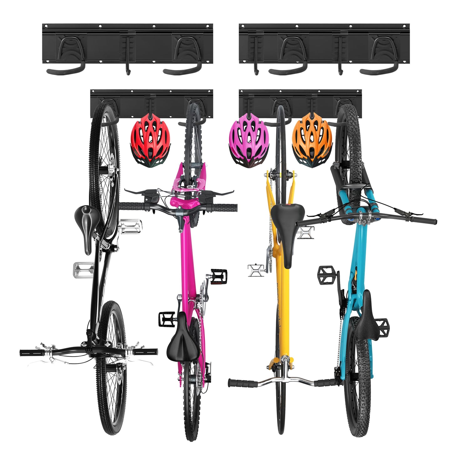 Velo-Wandhalterung für 4 Velos und 3 Helme, 4 Fahrräde -16Zoll - 2 Schienen+3 Helmhaken