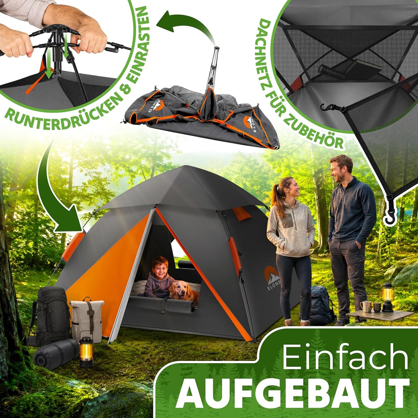 Zelt für 2-4 Personen, Anthrazit