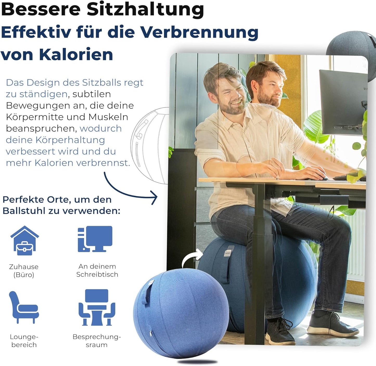 Ergonomischer Sitzball für Büro und Zuhause (65 cm), 65 cm Light Blue