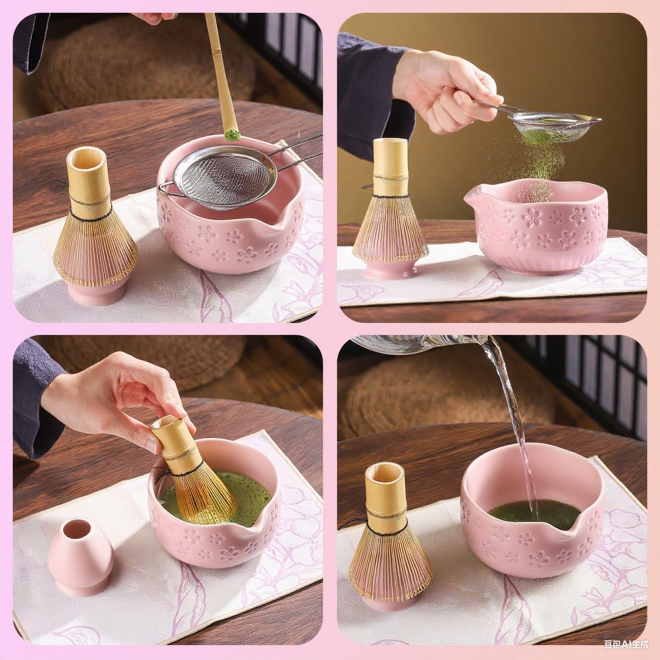 7-teiliges Matcha-Teeset, Rosa