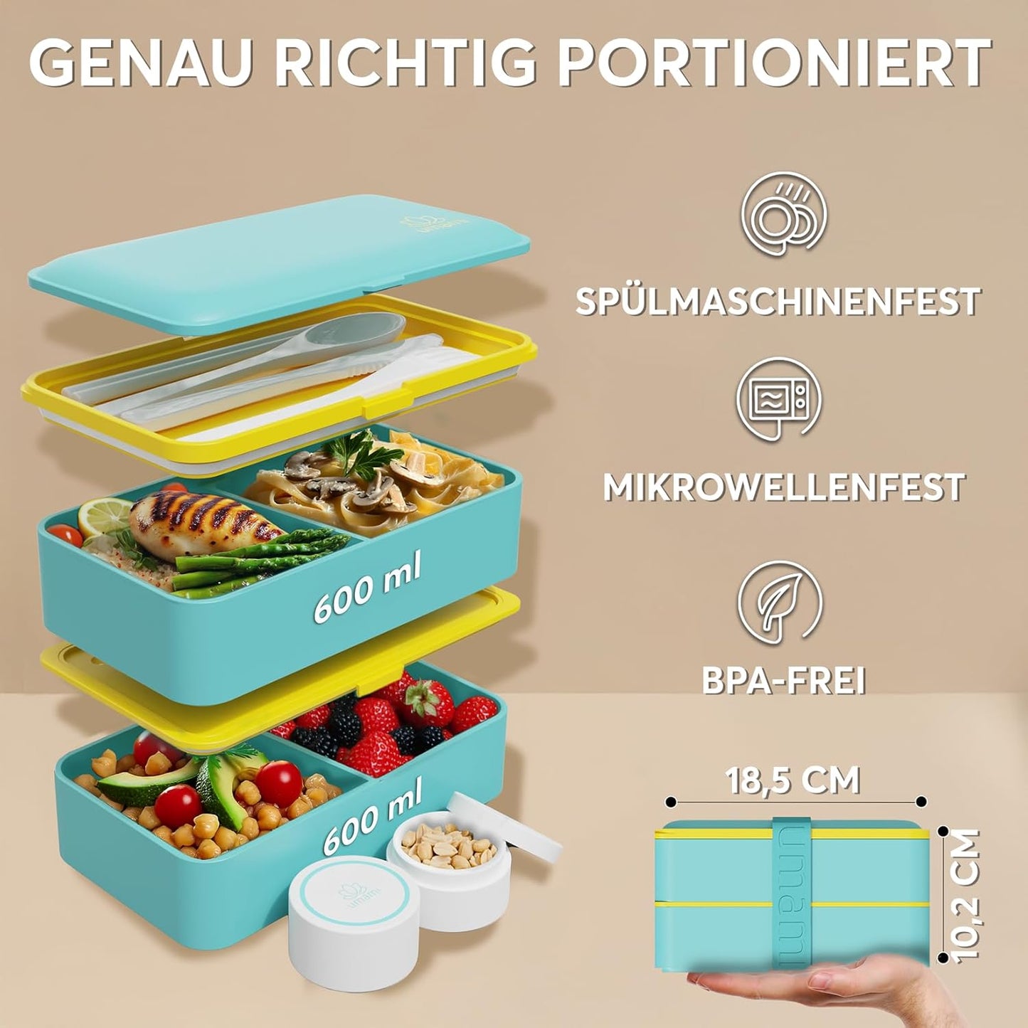 All-in-1 Bento Lunchbox mit Besteck und Saucenbehältern, Frisches Türkis M - 1200 ml