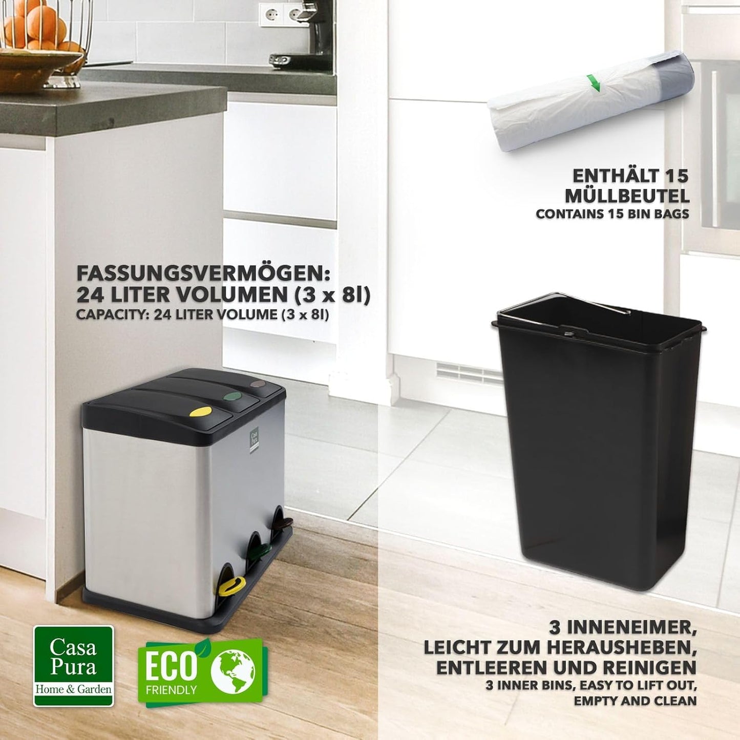 3-Kammer-Mülleimer inkl. 15 Müllbeutel, 3 Kammern | 24 Liter