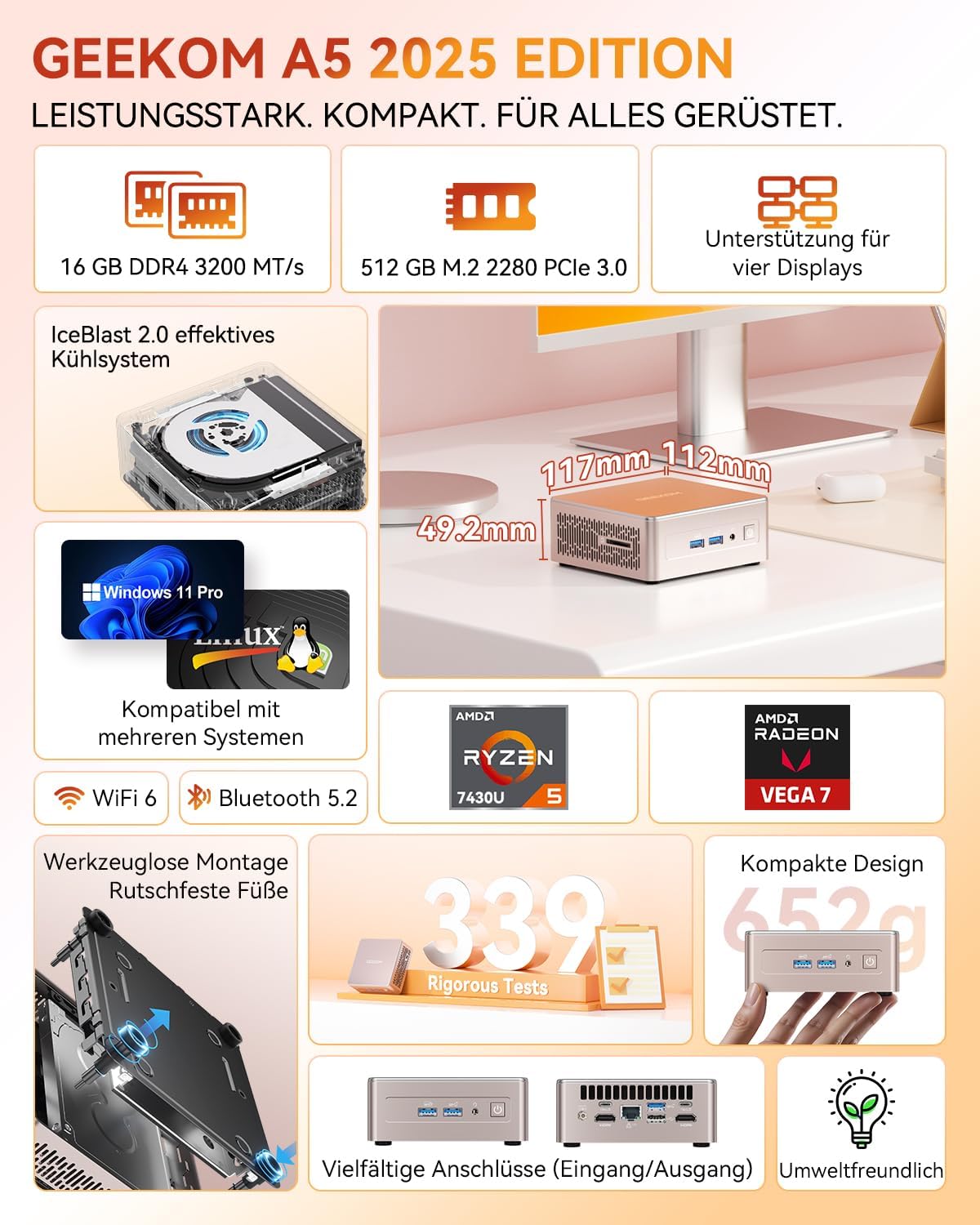 Mini-PC 2025 Edition mit Ryzen 5 und Windows 11 Pro, R5 7430U 16+512
