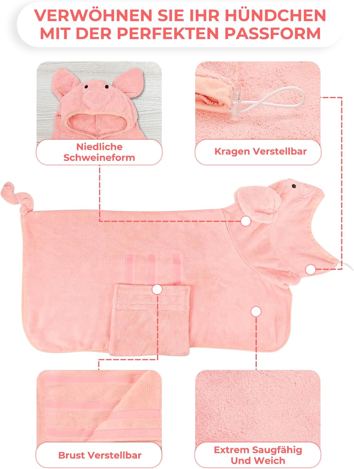 Hundebademantel mit Klettverschluss, XL Schweinchen