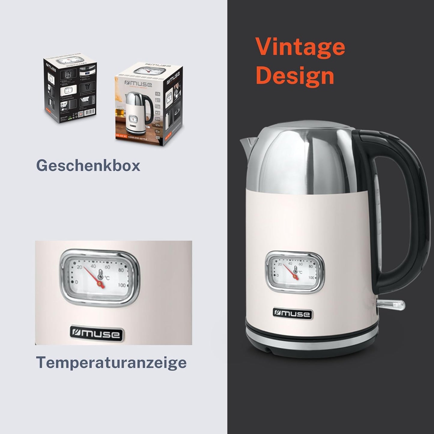 Retro MS-020 SC Wasserkocher mit Analoganzeige, Beige