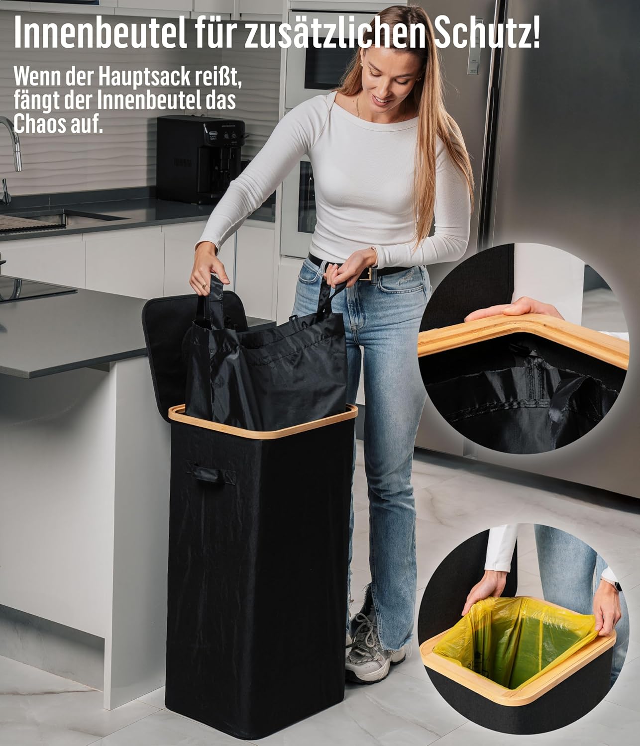 Müllsackständer mit Bambusrahmen, 90L - Schwarz