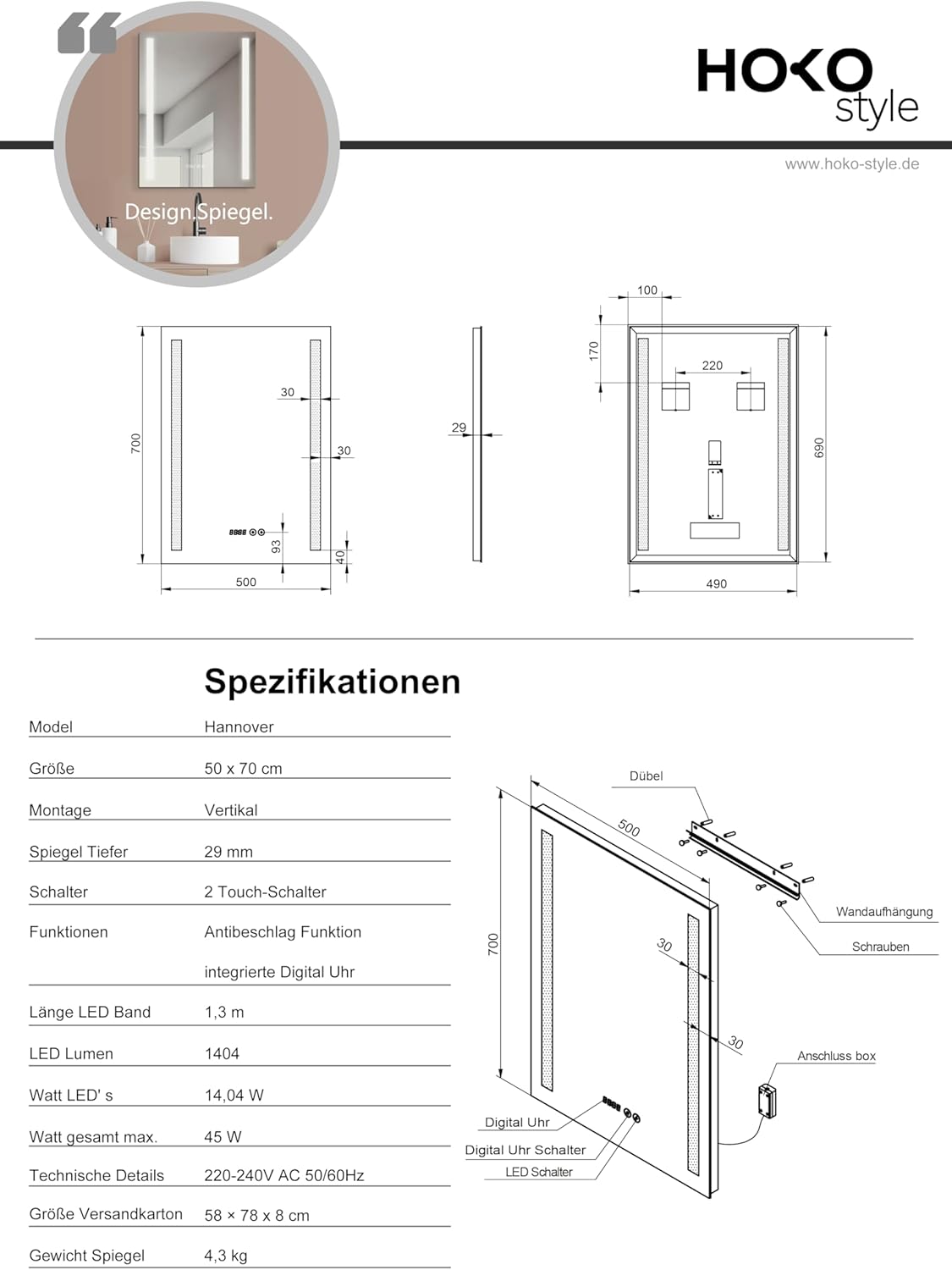 LED Badspiegel mit Uhr, 70L x 50B cm / Silber + Antibeschlag + Uhr