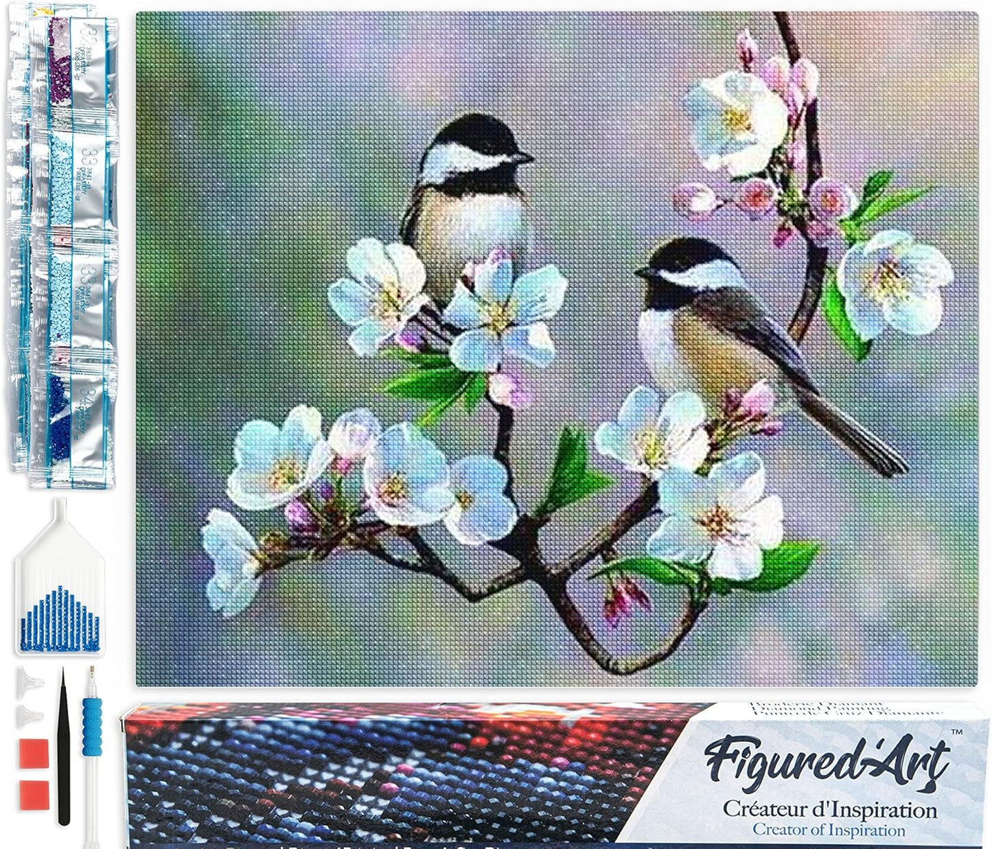 Diamond Painting, 40 x 50 cm, Kleine Vögel und weiße Blumen 40x50cm (Ohne Rahmen)