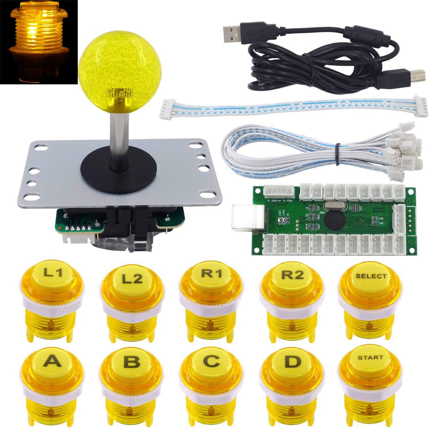Arcade Joystick Controller Set mit LED-Tasten, yellow