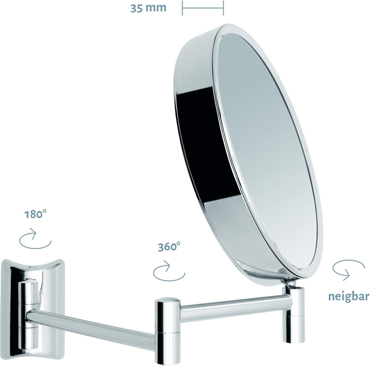 Drehbarer Schminkspiegel mit Wandmontage, 3x/10x Vergrösserung, Silber (3x/10x)