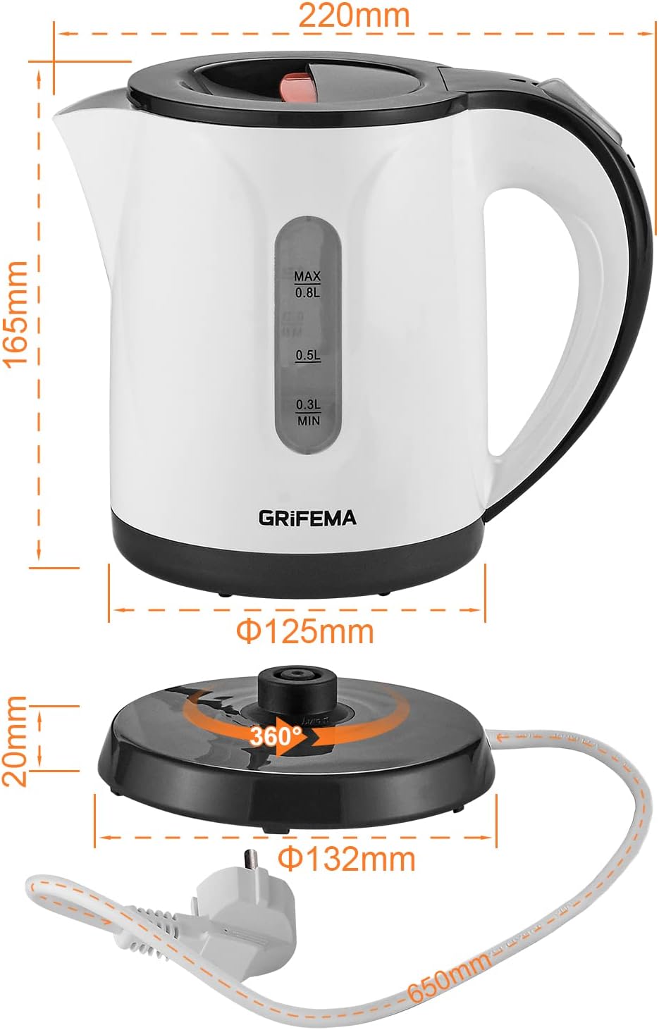 Kleiner Elektrischer Wasserkocher mit Kalkfilter (0,8L), Kunststoff 0.8L