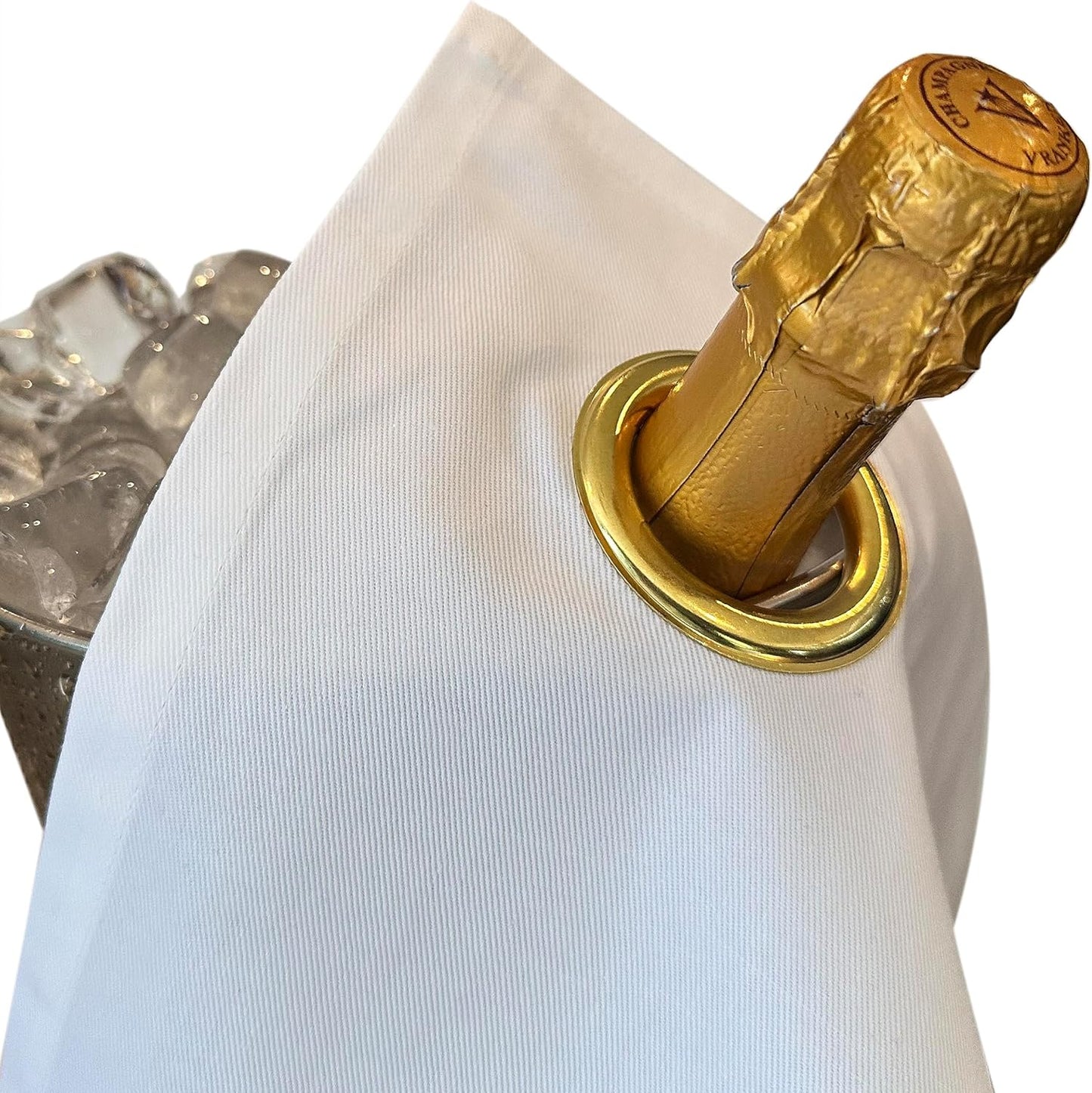 Flaschentuch mit Metallring für Eiskübel, Weiss mit Goldenem Metallring 1 Stück