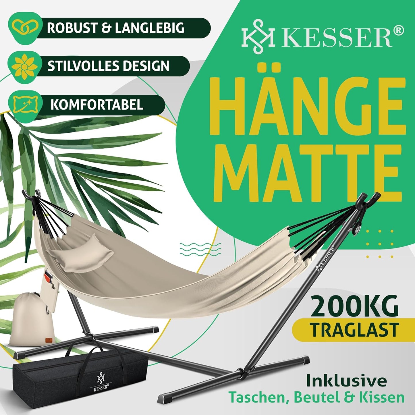 XXL Hängematte mit Gestell Lake, für 2 Personen, Beige