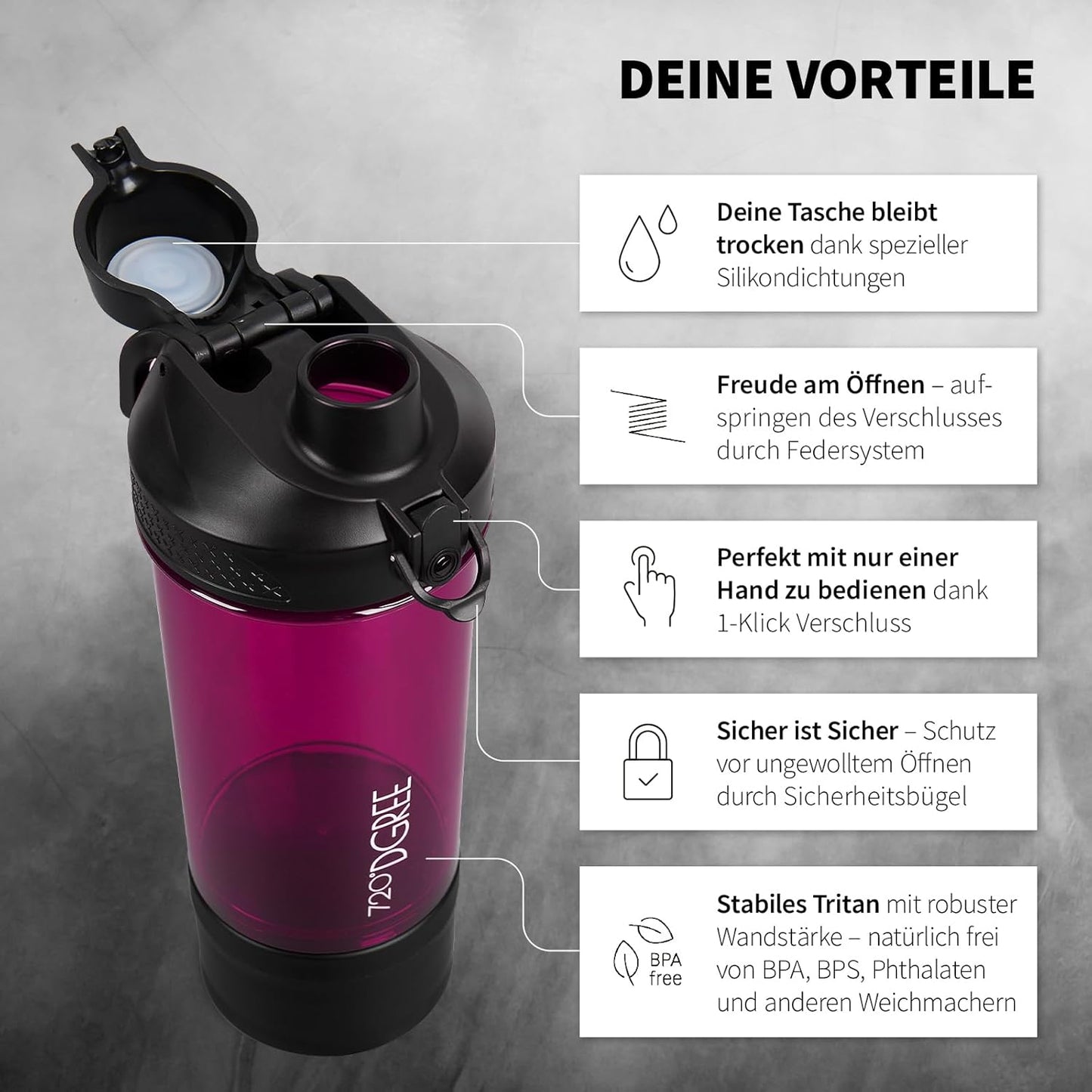 Protein Shaker mit Pulverfach und Spiralmixer, Fuchsia Pink - Pink inkl. Container