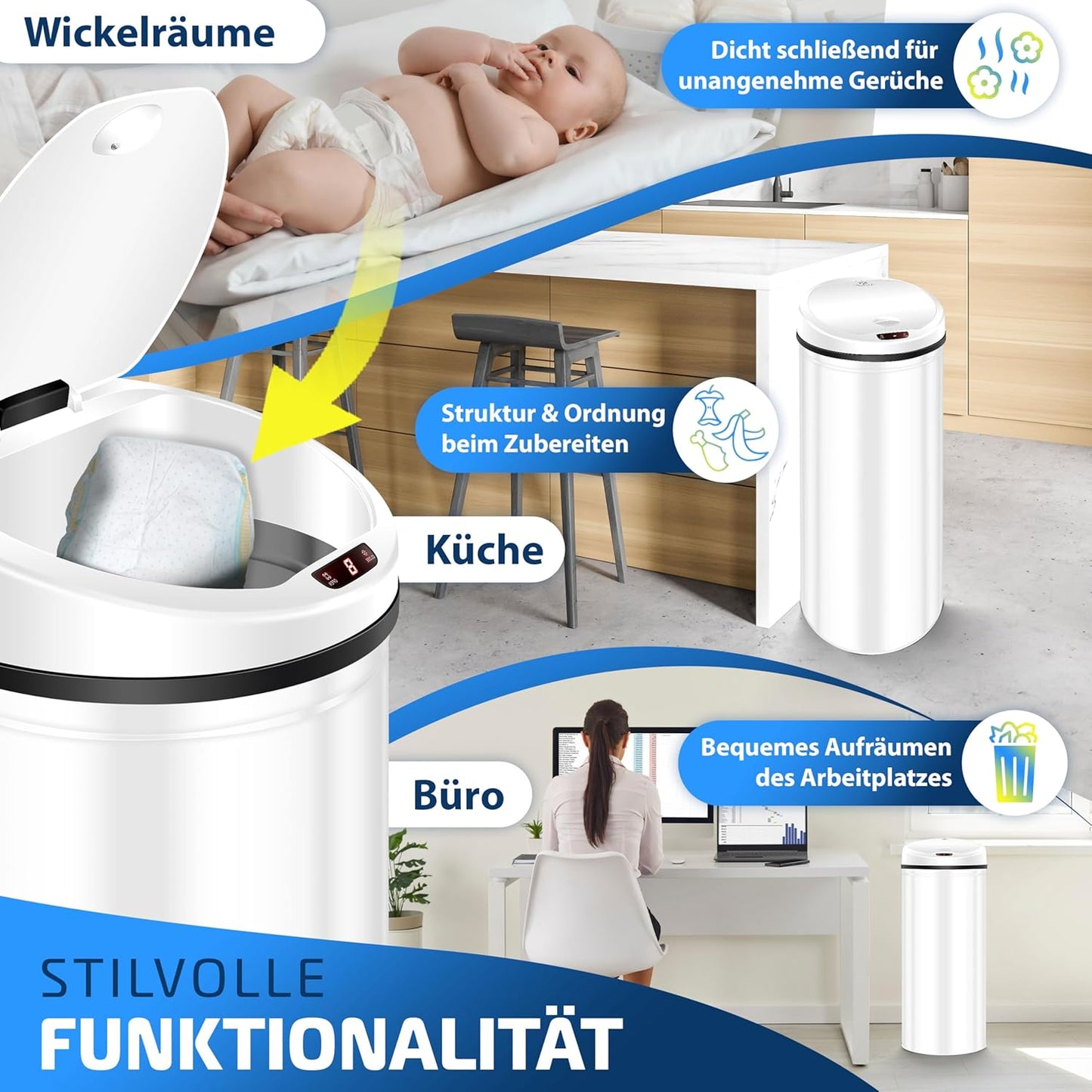 Sensor Mülleimer mit Müllsackhalterung, 56 Liter Weiss
