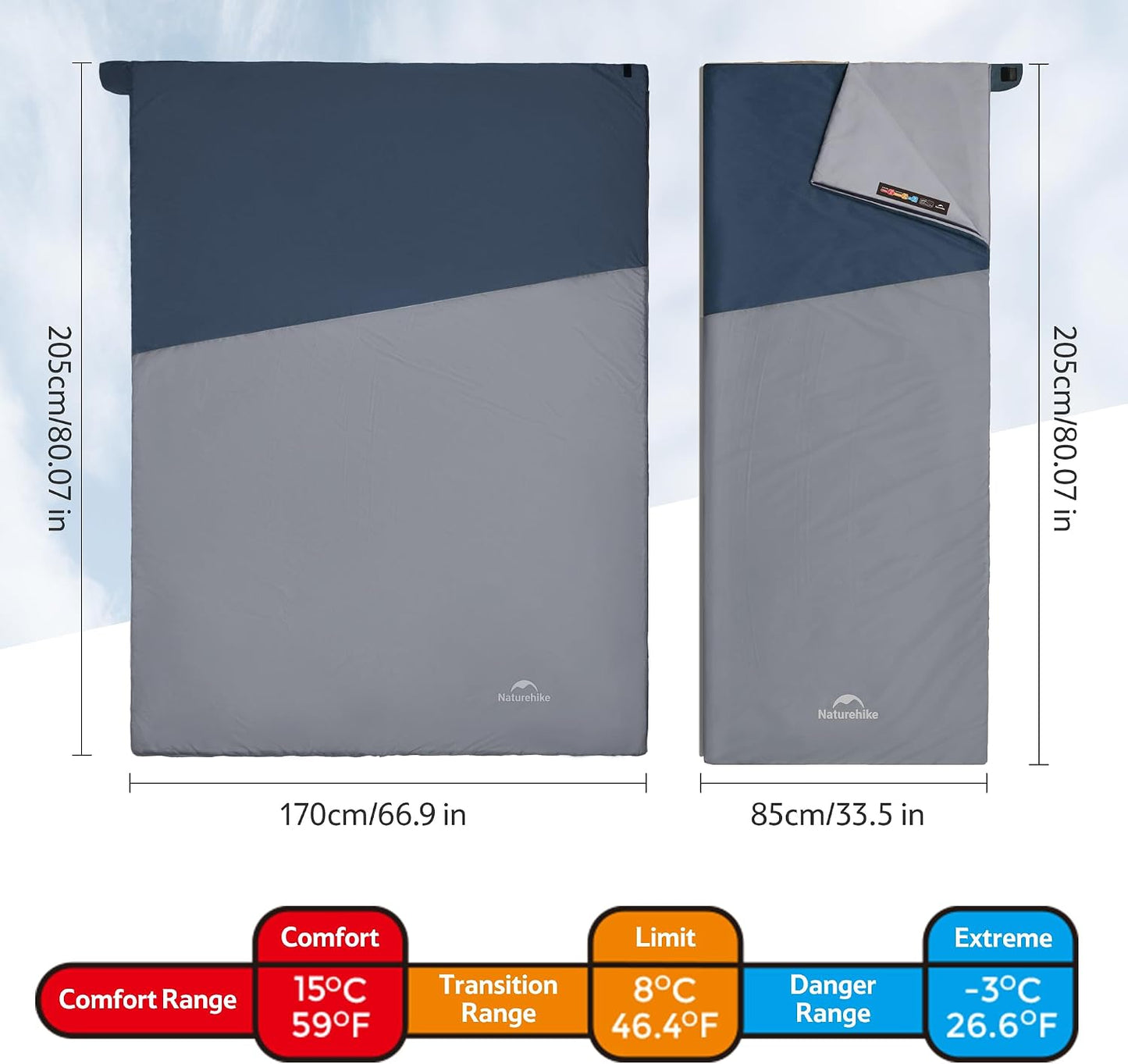 Ultraleichter Schlafsack, Dunkelblau/Hellblau-XL